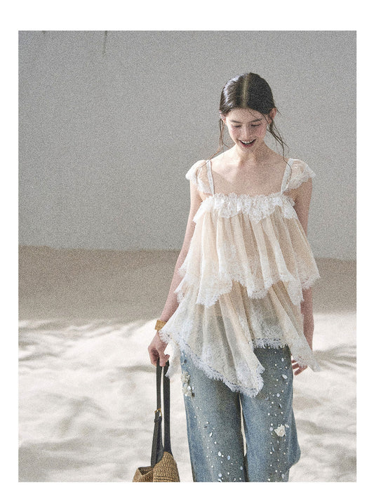 ShaoYeYan Aomalm Freedom of the Sea Breeze Asymmetric French Lace Mesh Top