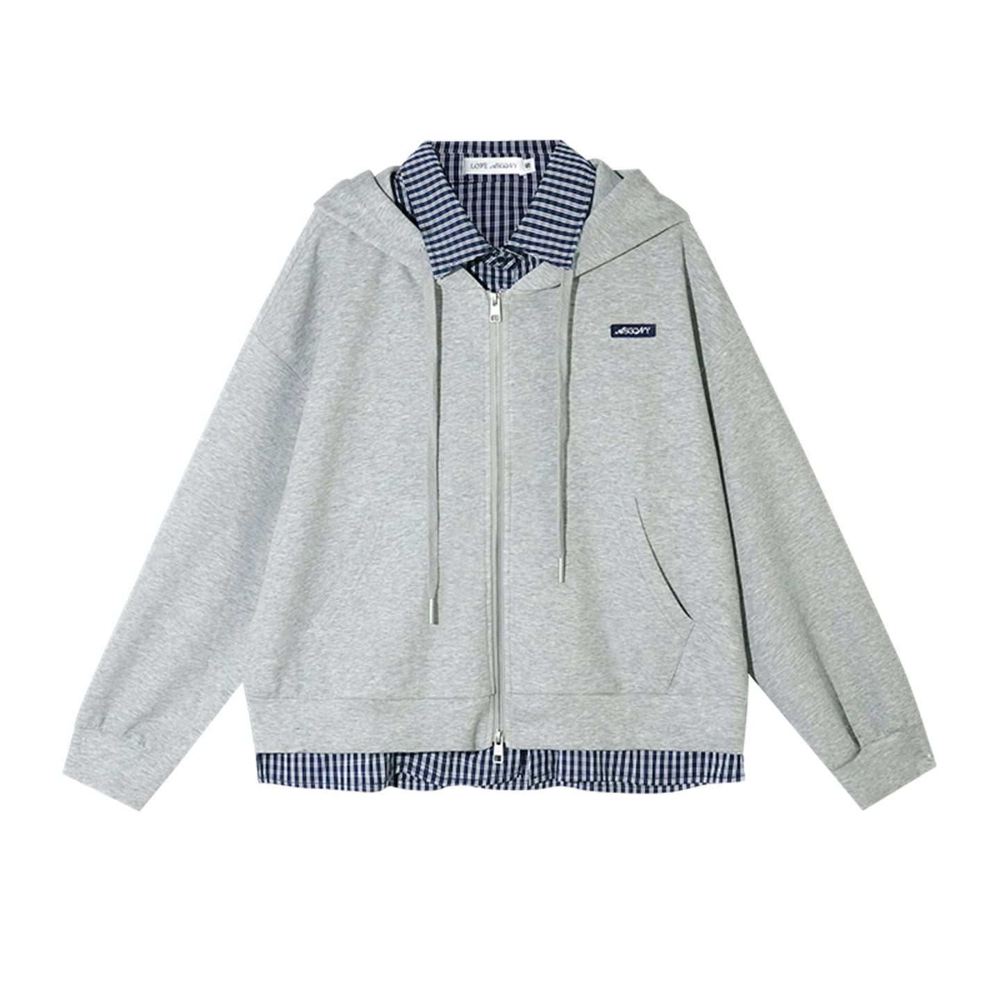 AsGony Fake Two-Piece Plaid Zip-Up Hoodie