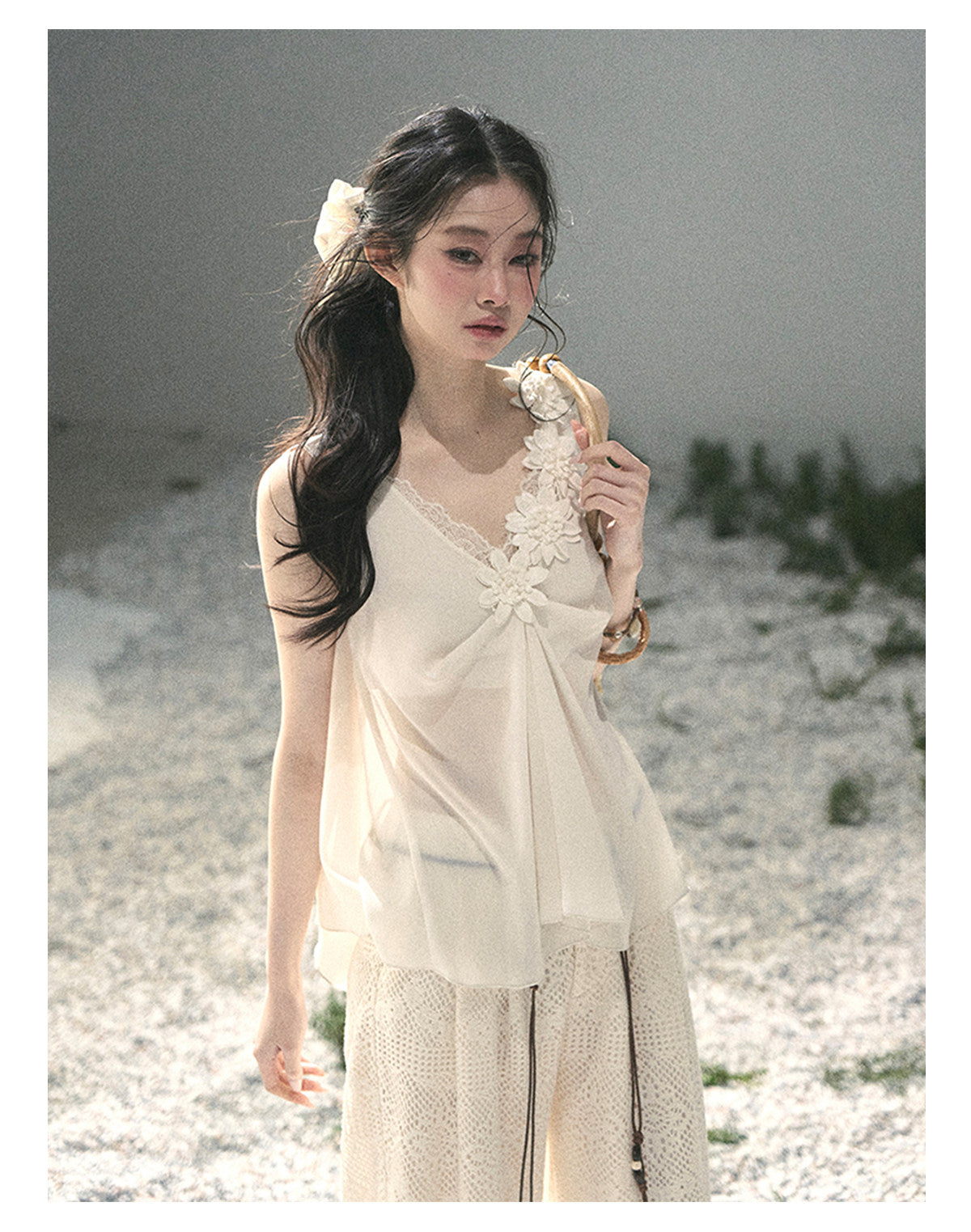ShaoYeYan Aomalm Mute Rose French 3D Floral Sheer Lace Top