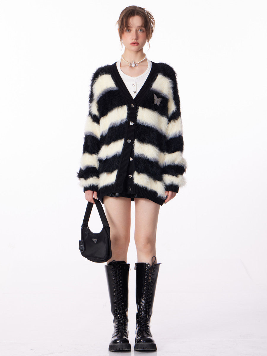 ziziFei Retro Punk Striped Faux Fur Cardigan