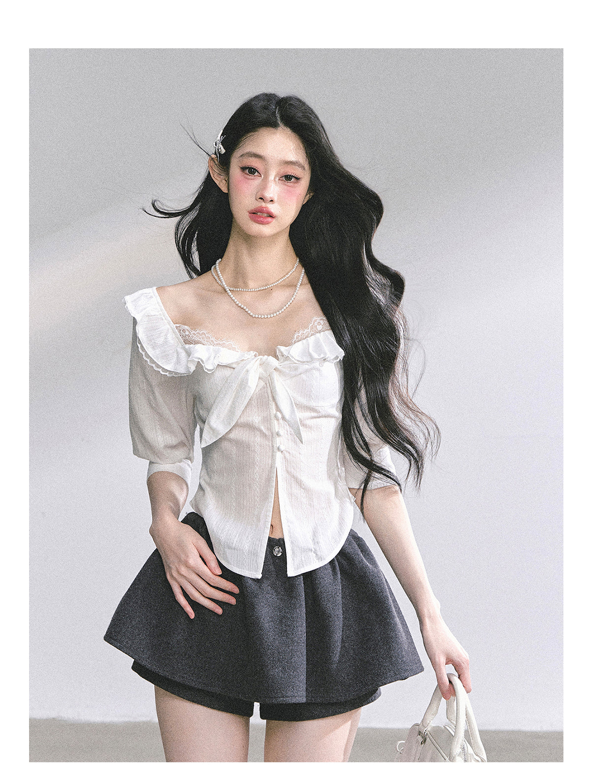 SHAOYEYAN French White Lace Waist-Defining Blouse