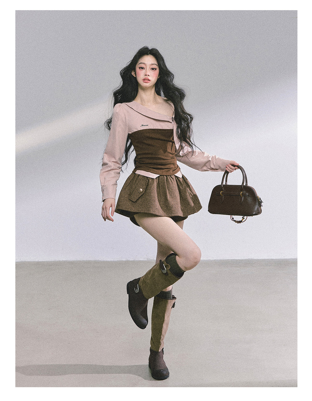 ShaoYeYan Fake Two-Piece Off-Shoulder Plaid T-Shirt