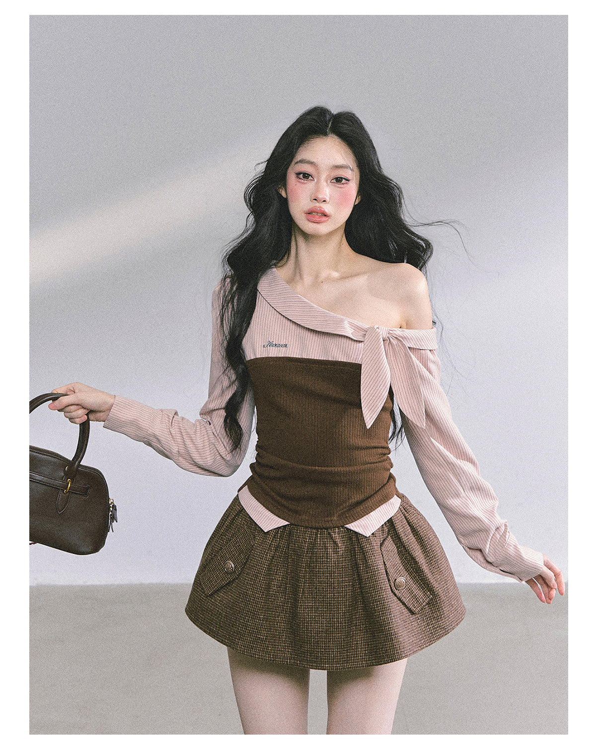 ShaoYeYan Fake Two-Piece Off-Shoulder Plaid T-Shirt