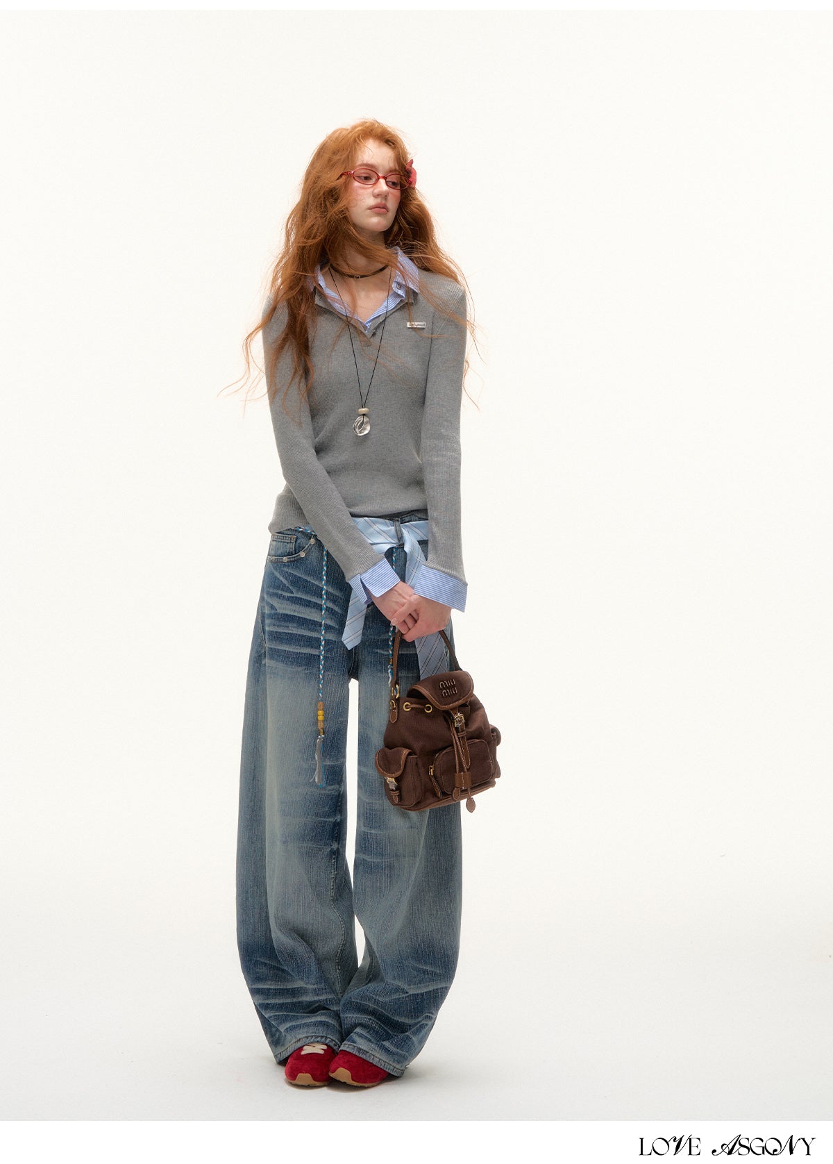 AsGony Striped Collar Fake Two-Layer Knit Top