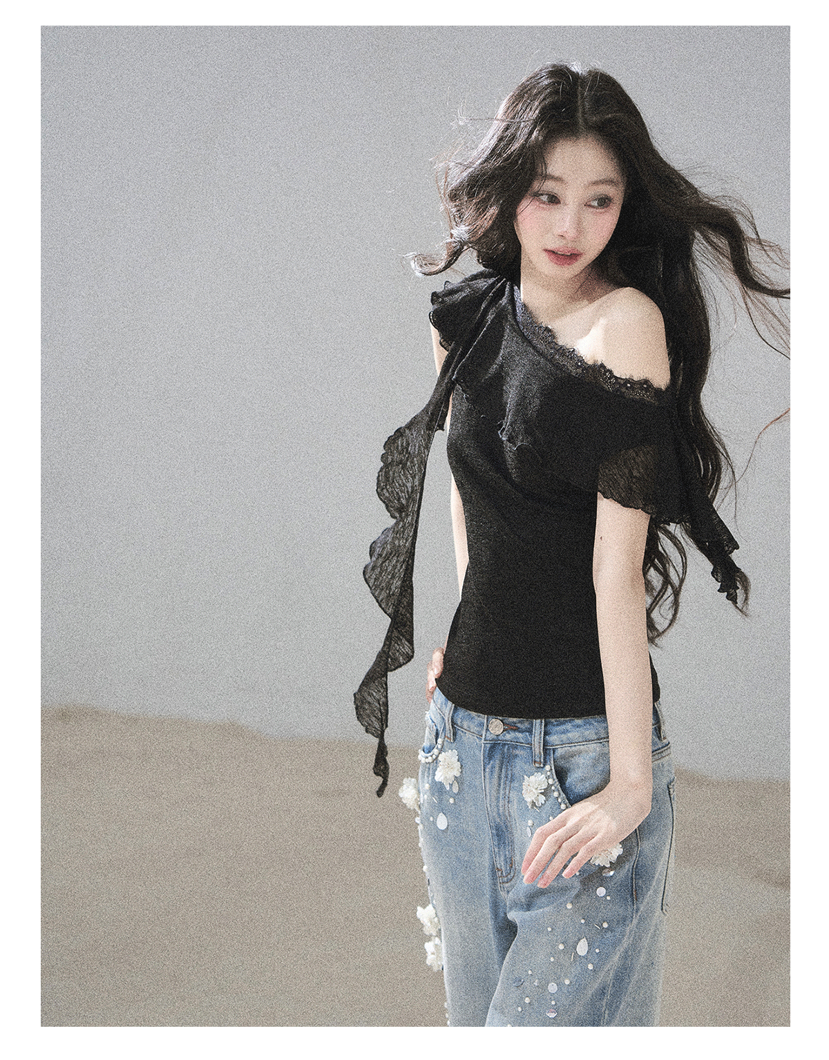 ShaoYeYan Aomalm Before Sunset Falls Korean Off-Shoulder Lace Top