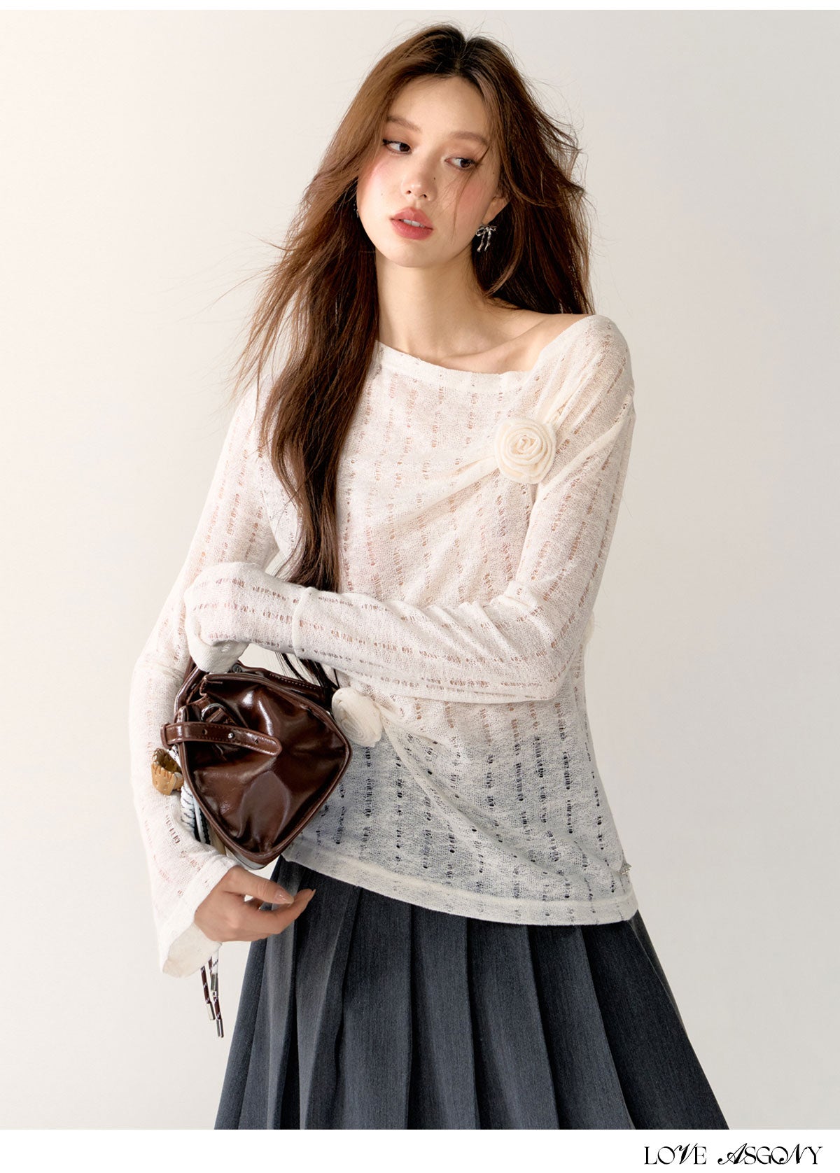 AsGony Hollow-Knit 3D Floral Sweater