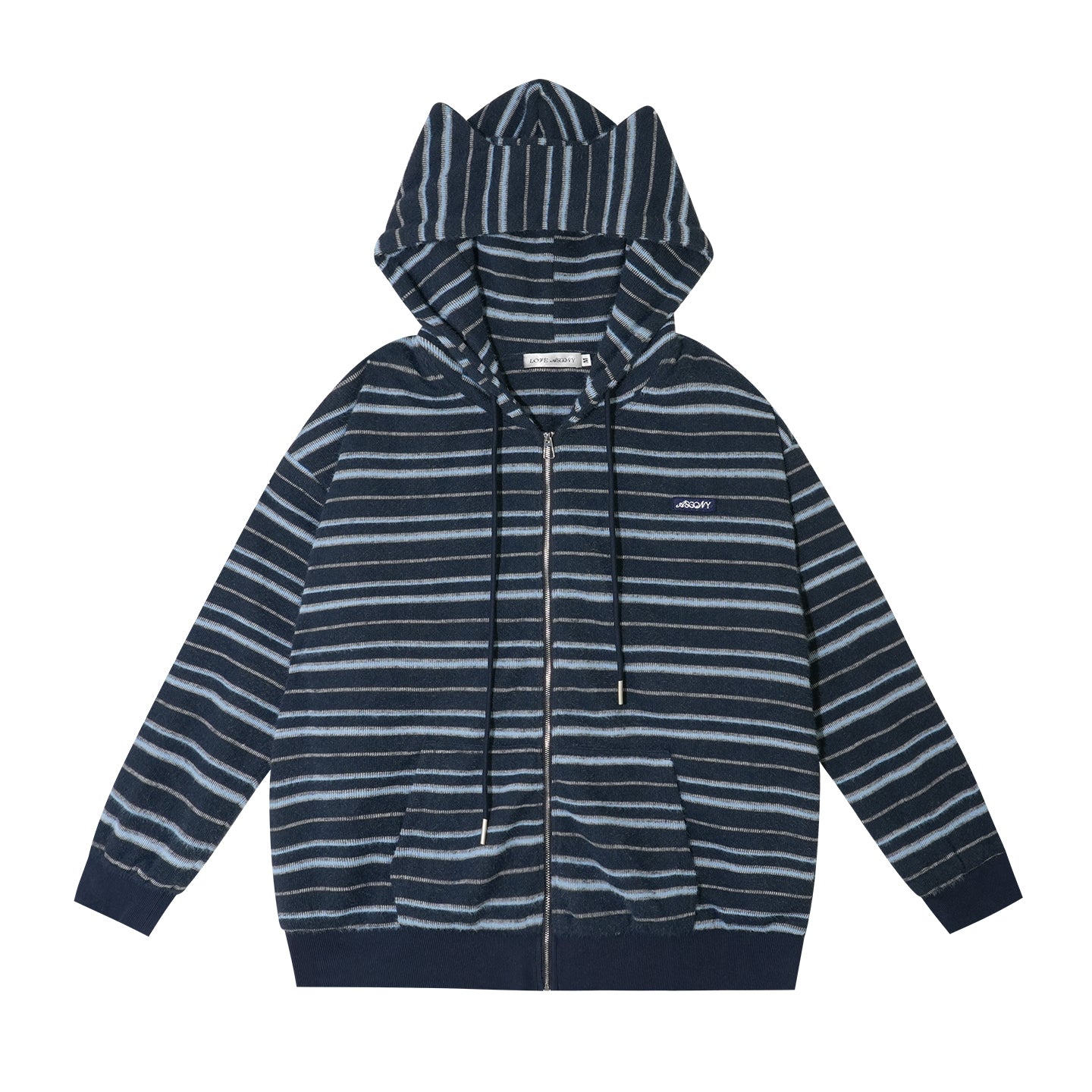 AsGony Plush Striped Colorblock Cat-Ear Hoodie