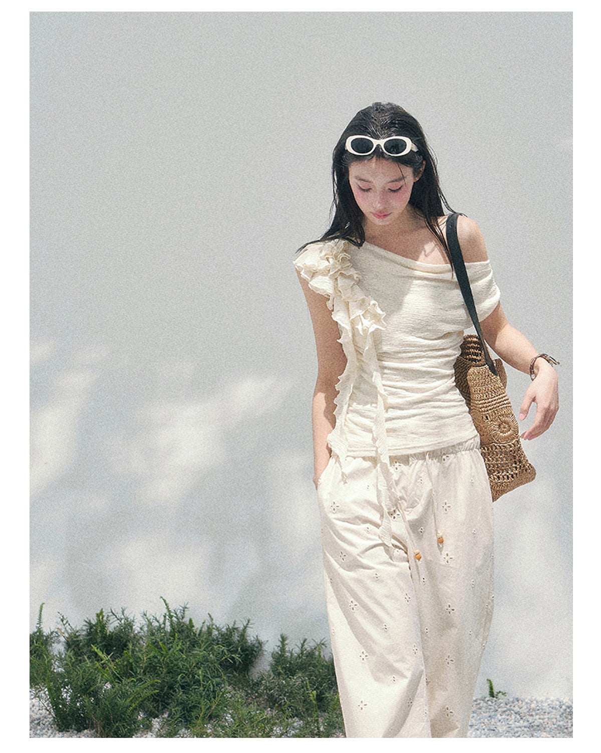 ShaoYeYan Aomalm Pale Whisper French Ruffle Off-Shoulder Tee