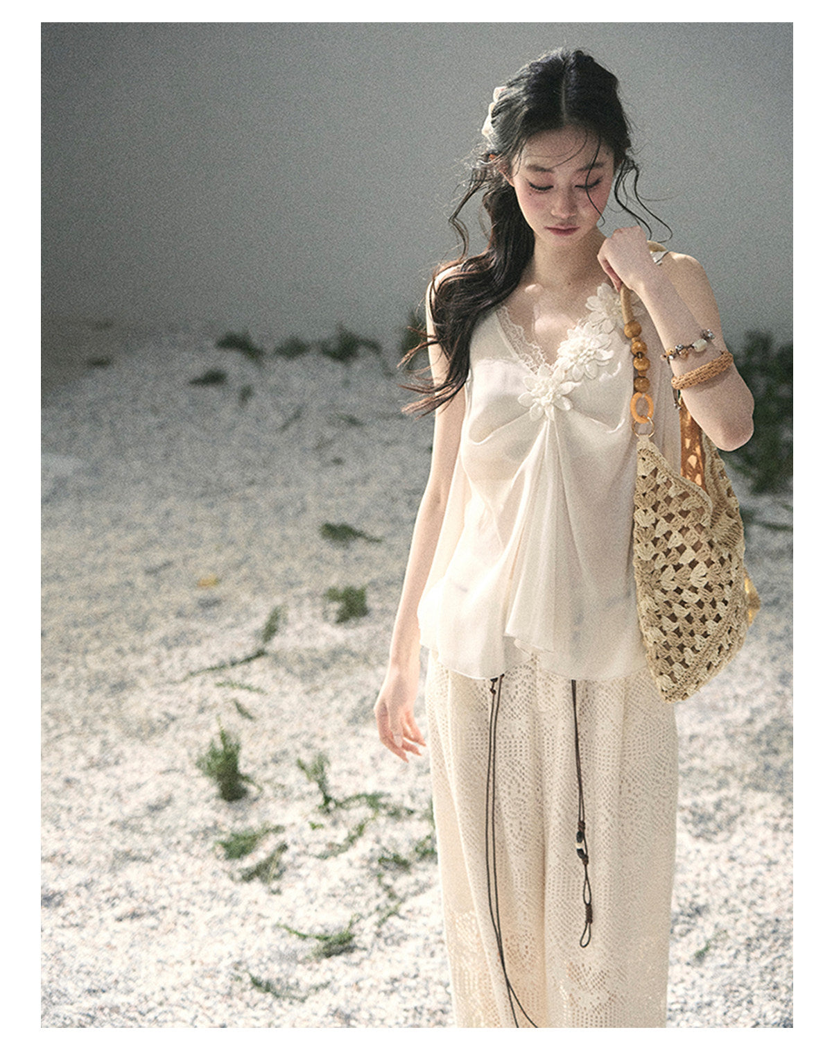 ShaoYeYan Aomalm Mute Rose French 3D Floral Sheer Lace Top