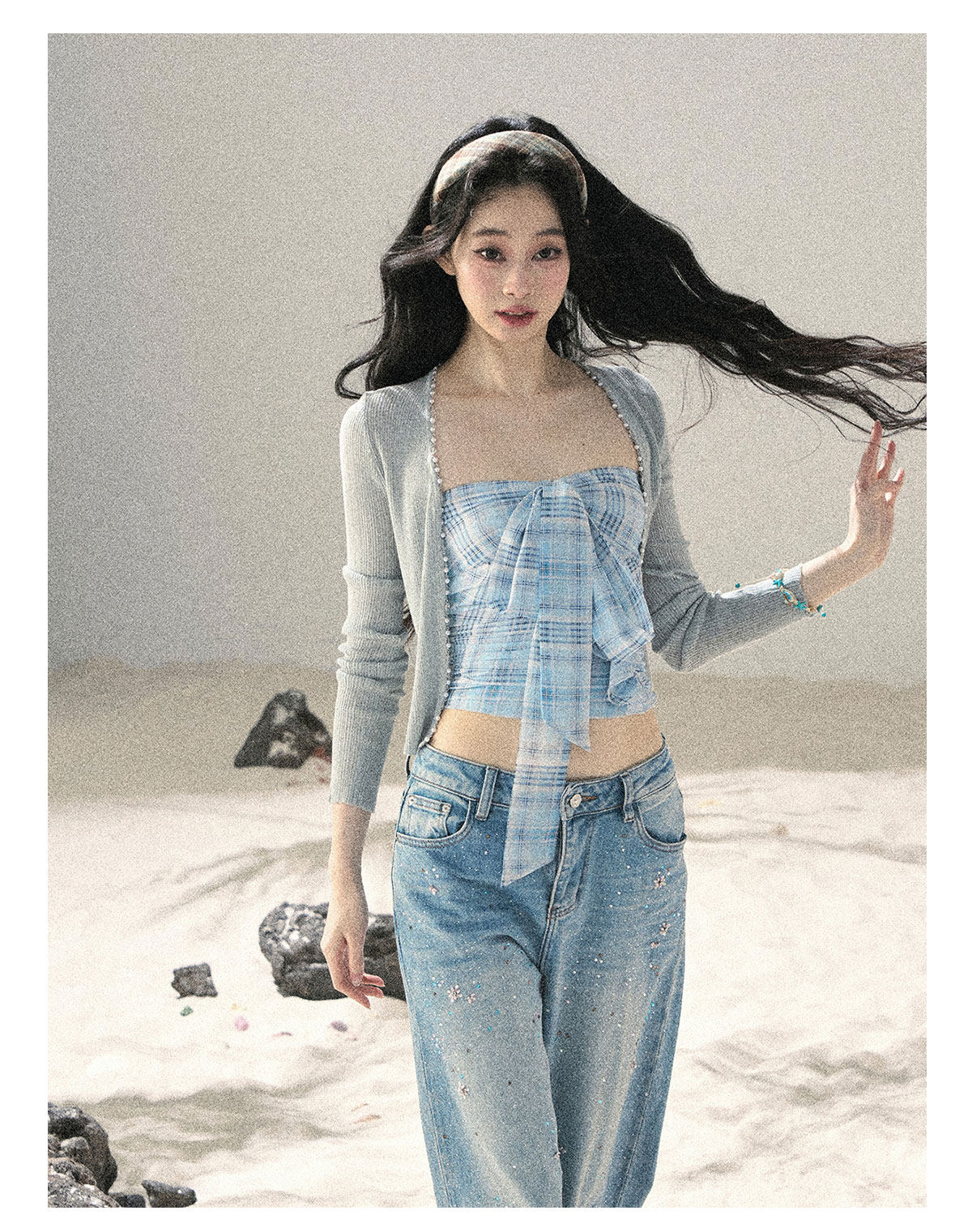 ShaoYeYan Aomalm Blue Danube Bow Plaid Bustier Top