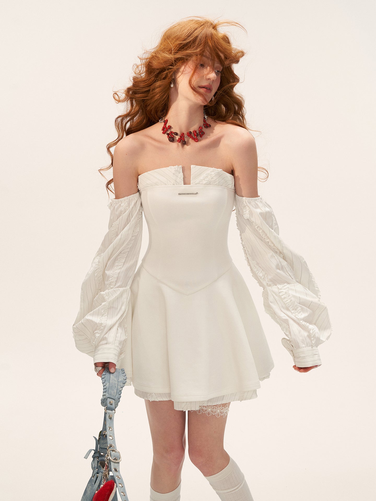 MAMC Plaid Panel Puff Sleeve Bustier Dress