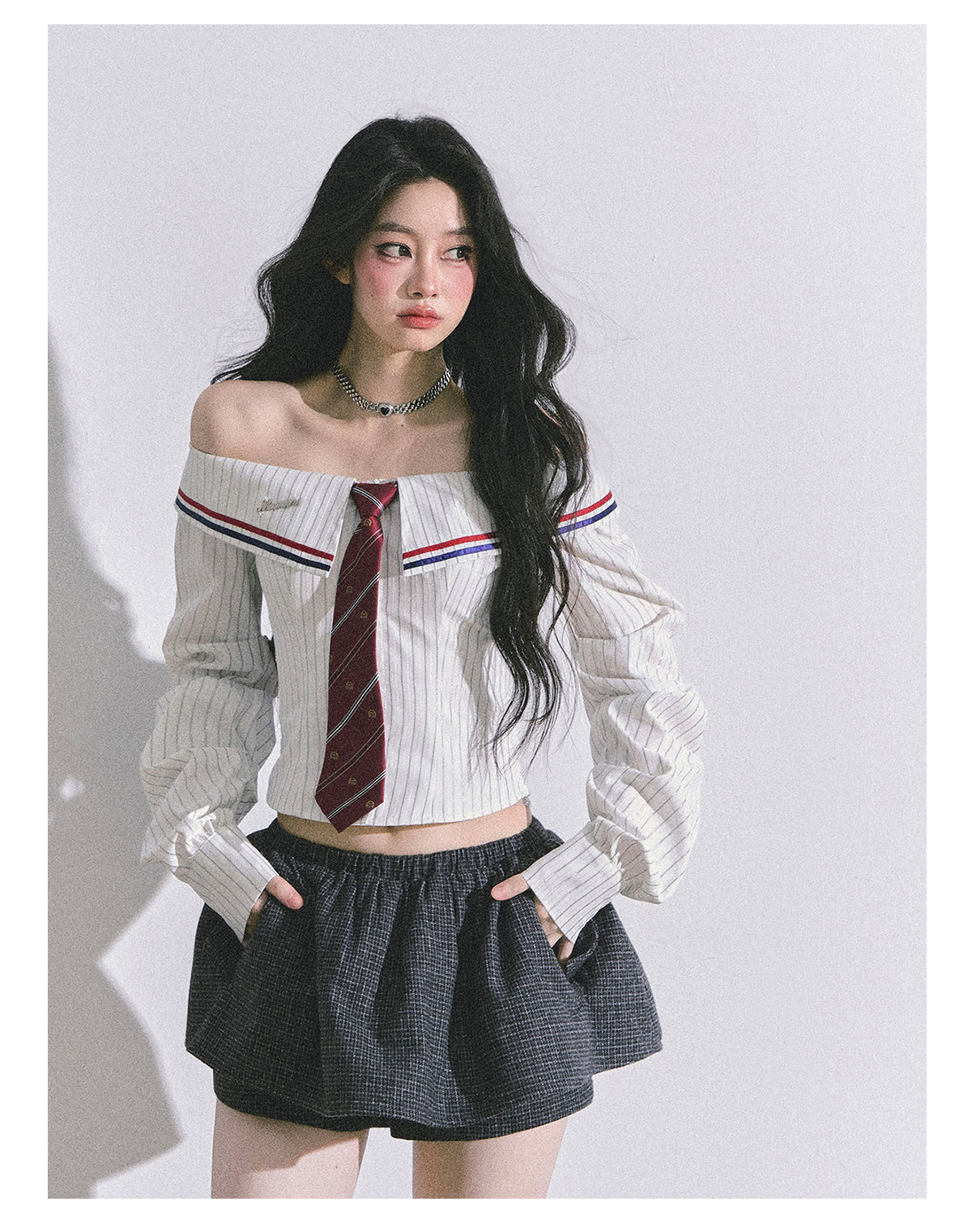 ShaoYeYan Seoul Art Student Off-Shoulder Striped Shirt
