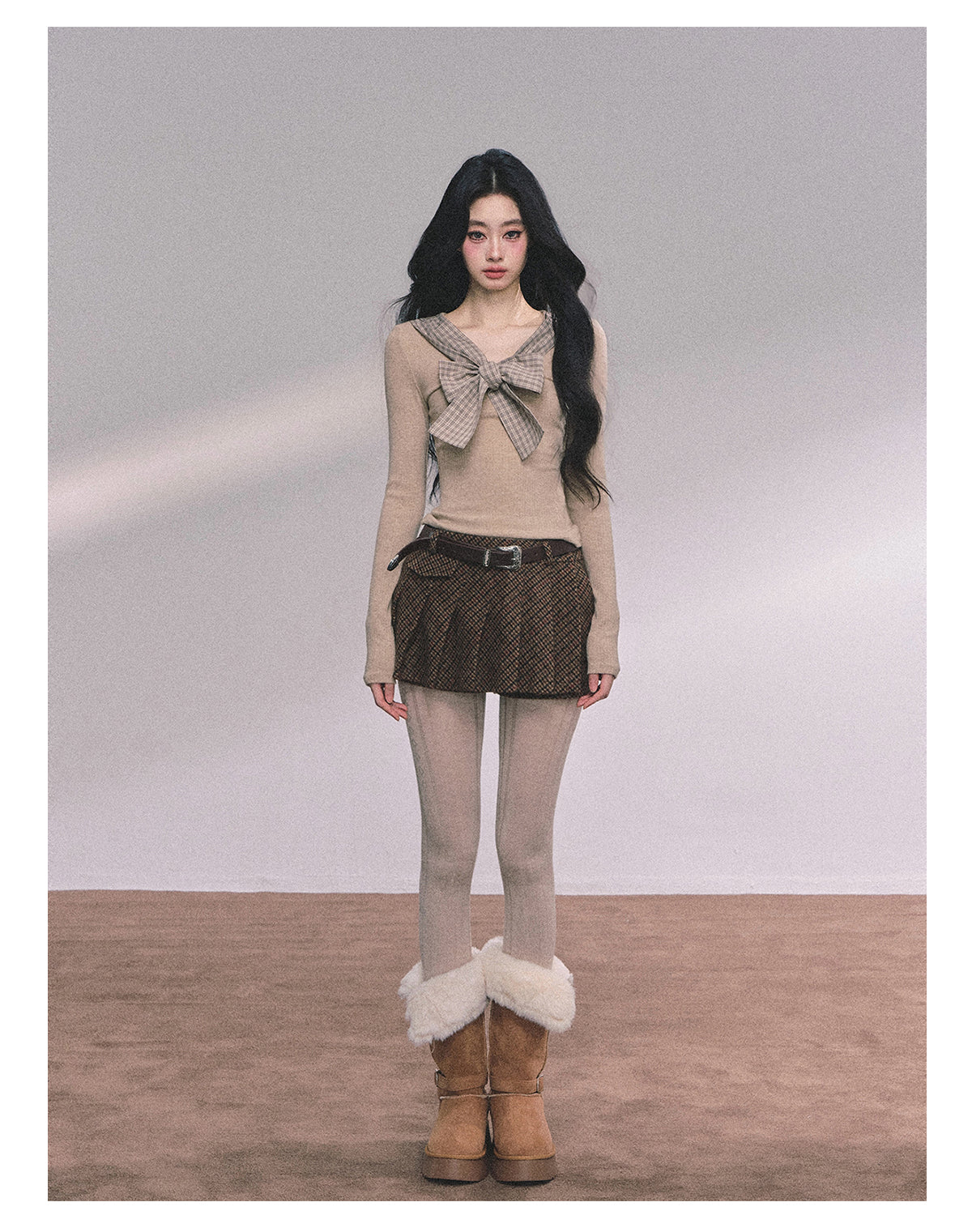 ShaoYeYan Schoolgirl Character Card Fake Two-Layer Bow Plaid Knit Top