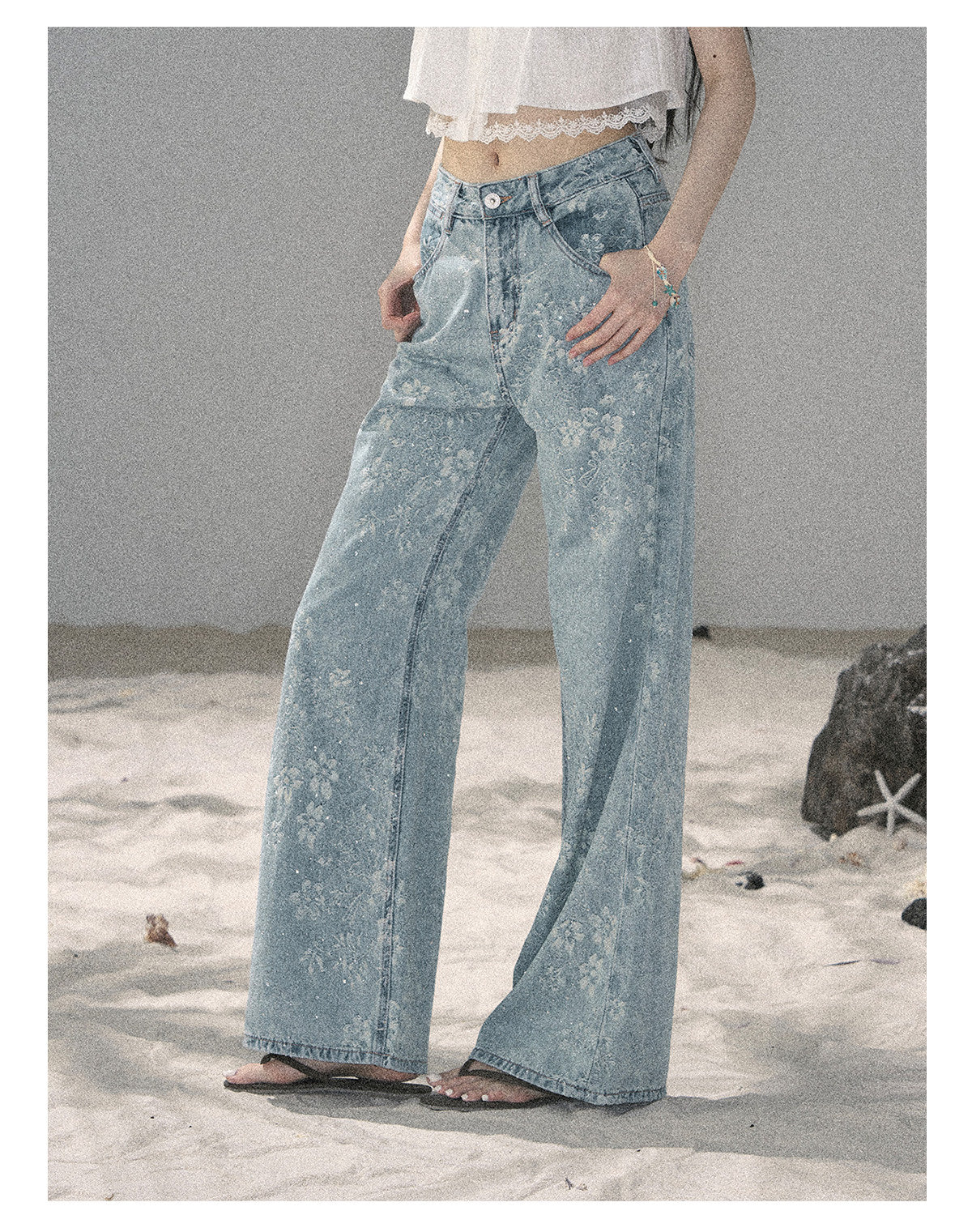 ShaoYeYan Aomalm Fragmented Starlight American Rhinestone Floral Jeans