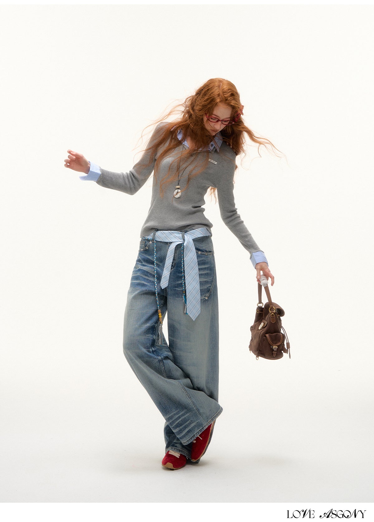 AsGony Striped Collar Fake Two-Layer Knit Top