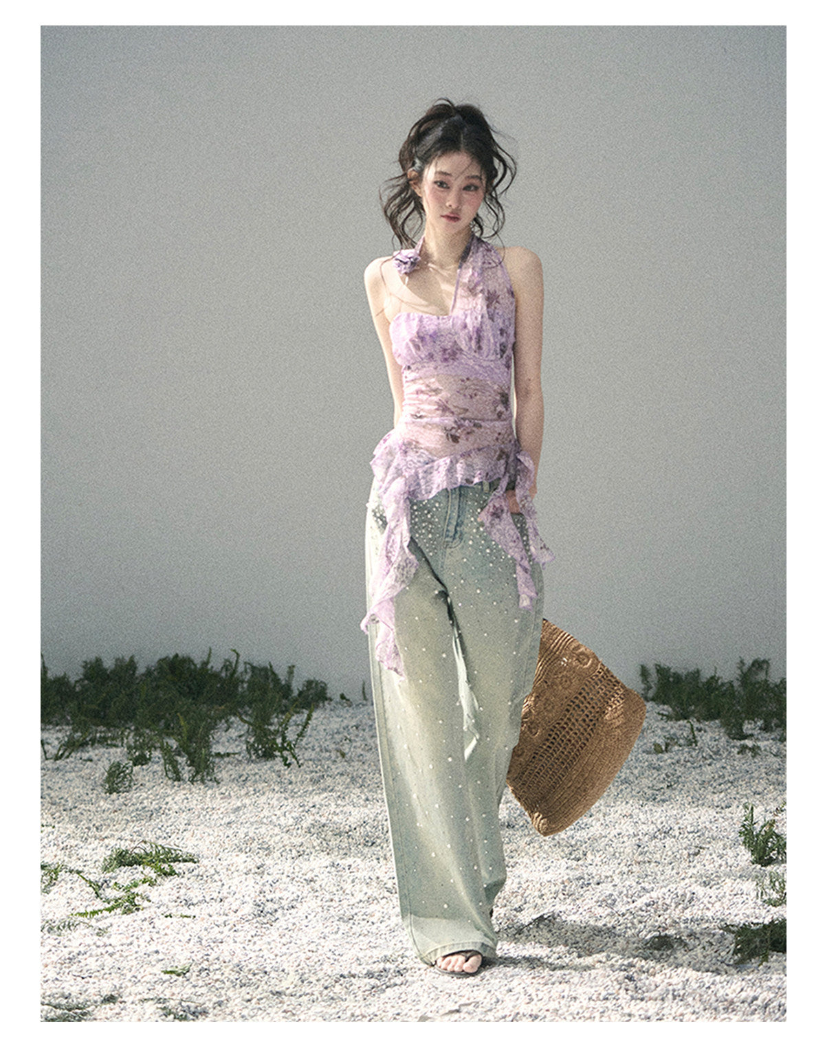 ShaoYeYan Aomalm Bauhinia Blooms Asymmetric Sheer Ribbon Top