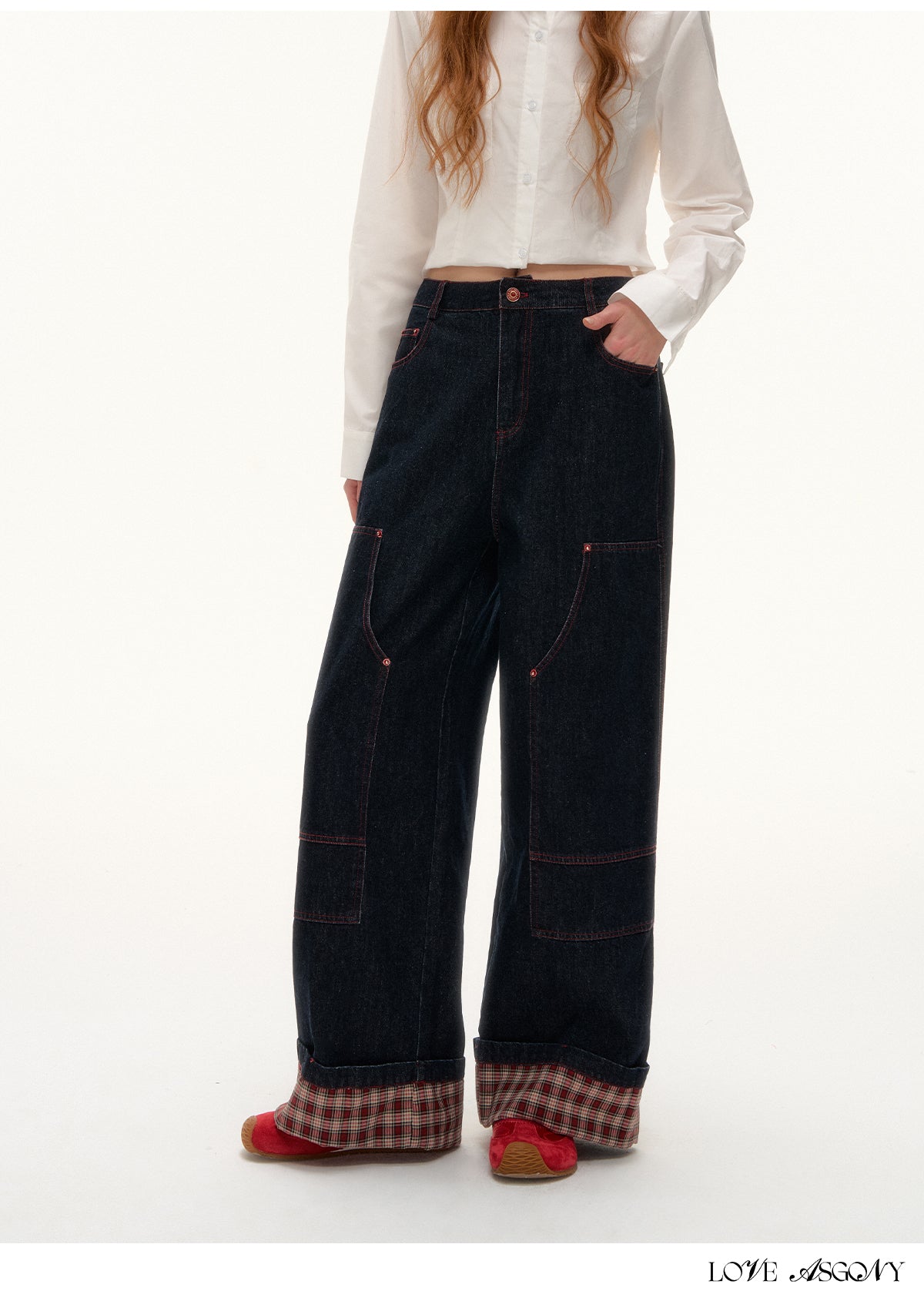 AsGony Black Plaid Panel Wide-Leg Jeans