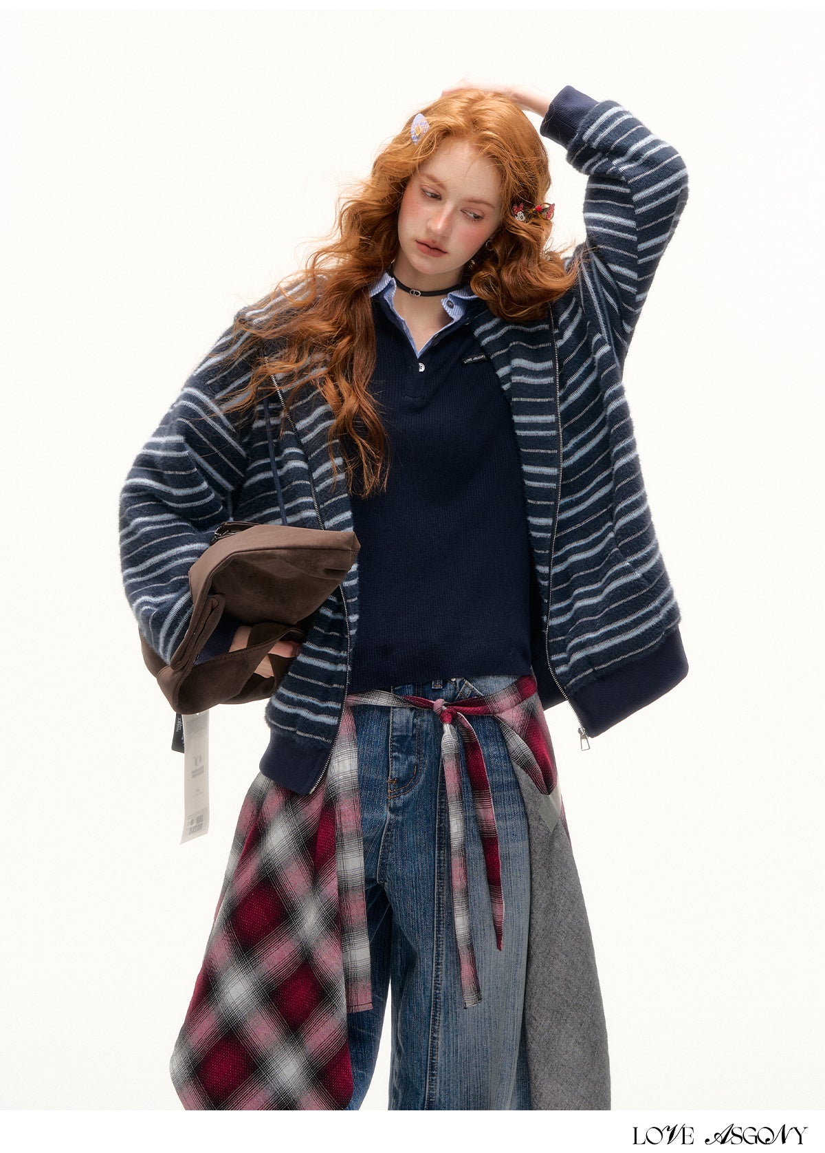 AsGony Plush Striped Colorblock Cat-Ear Hoodie