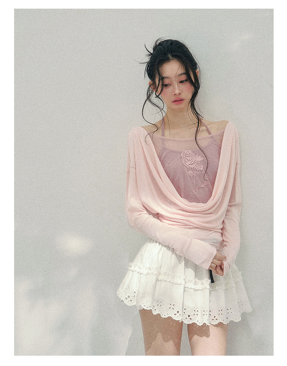 ShaoYeYan Aomalm Summer Inflorescence Fake Two-Layer Rose Embroidered Blouse