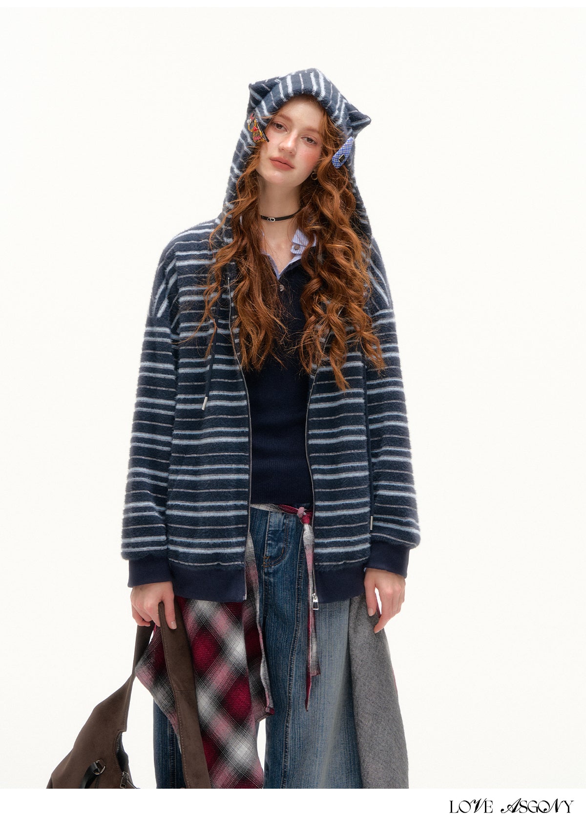 AsGony Plush Striped Colorblock Cat-Ear Hoodie