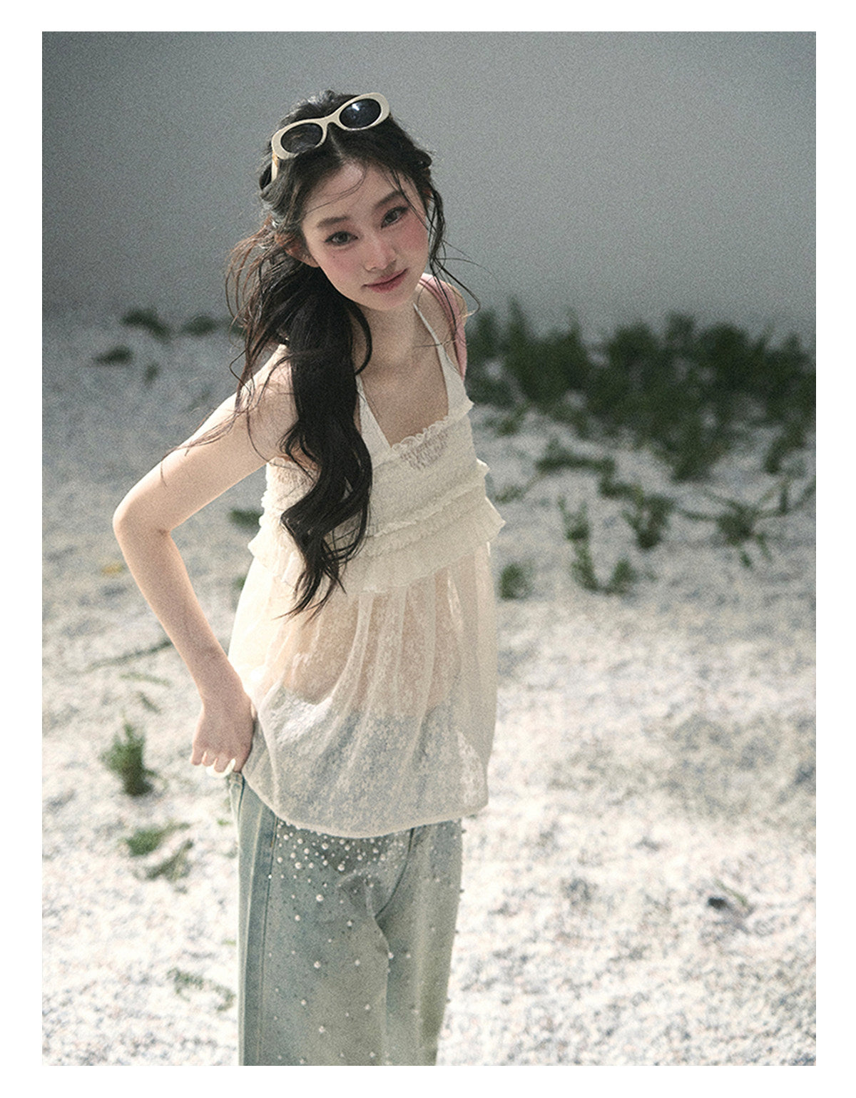 ShaoYeYan Aomalm Light Shatters Stained Glass French Sheer Halter Lace Top
