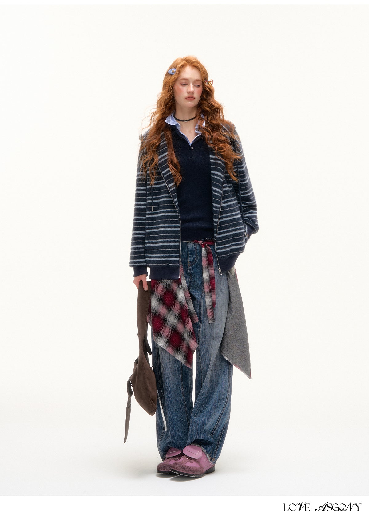 AsGony Plush Striped Colorblock Cat-Ear Hoodie