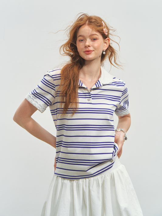 SOMESOWE Striped Lace Polo Tee