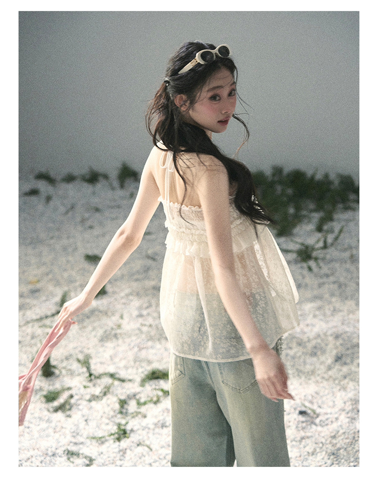 ShaoYeYan Aomalm Light Shatters Stained Glass French Sheer Halter Lace Top