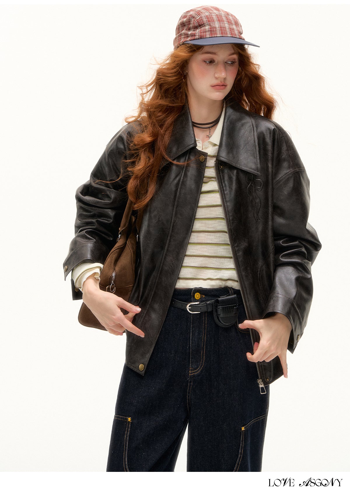 AsGony Retro Bow Collar Embossed Leather Jacket