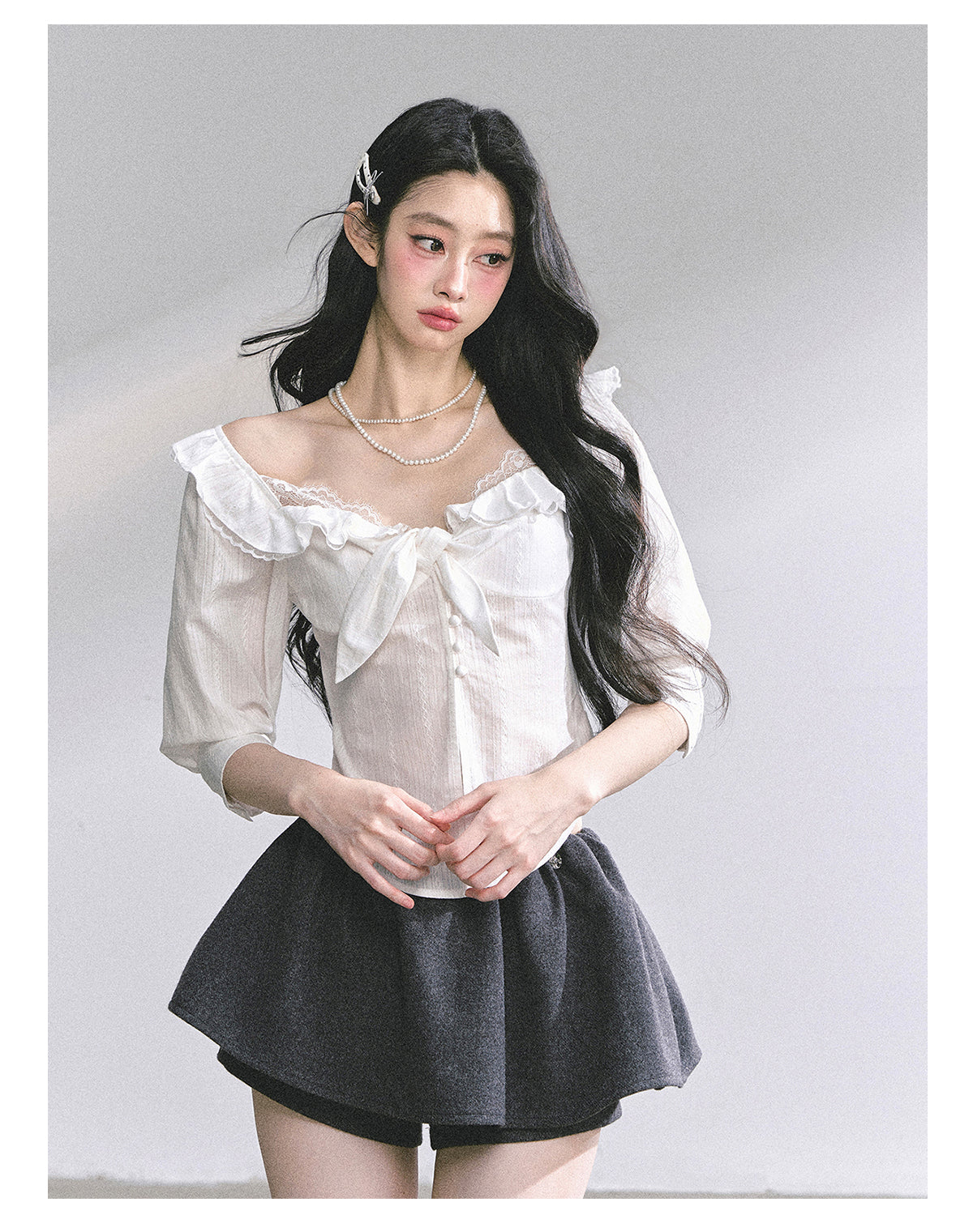 SHAOYEYAN French White Lace Waist-Defining Blouse