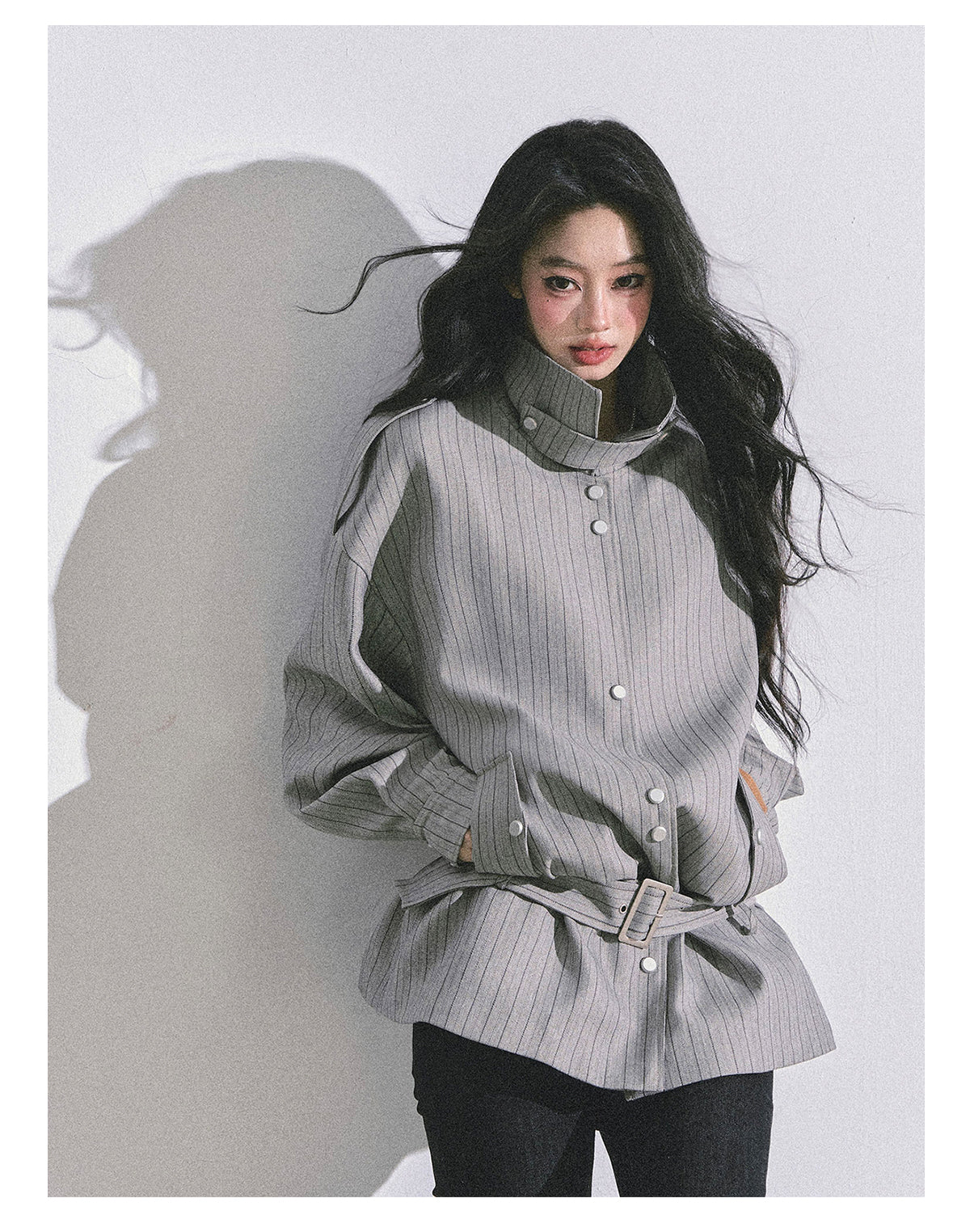 ShaoYeYan Saint Martin College French British Style Stand Collar Striped Coat