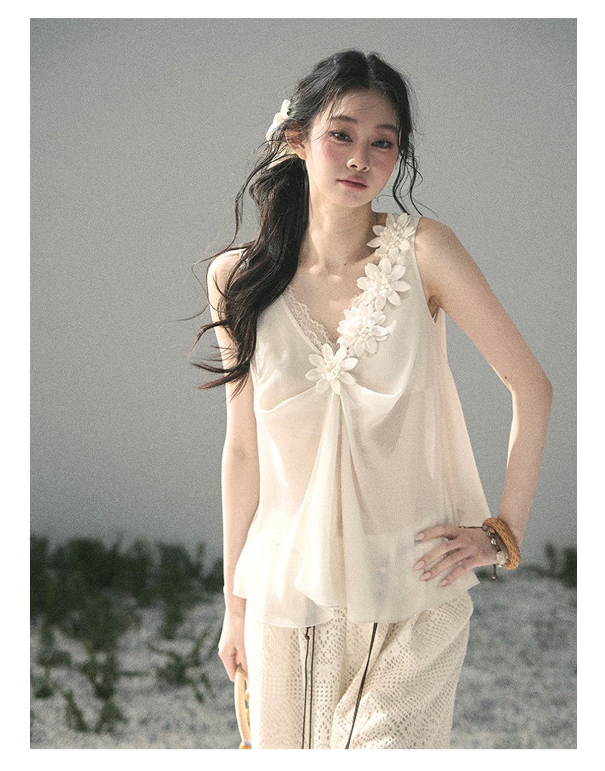 ShaoYeYan Aomalm Mute Rose French 3D Floral Sheer Lace Top