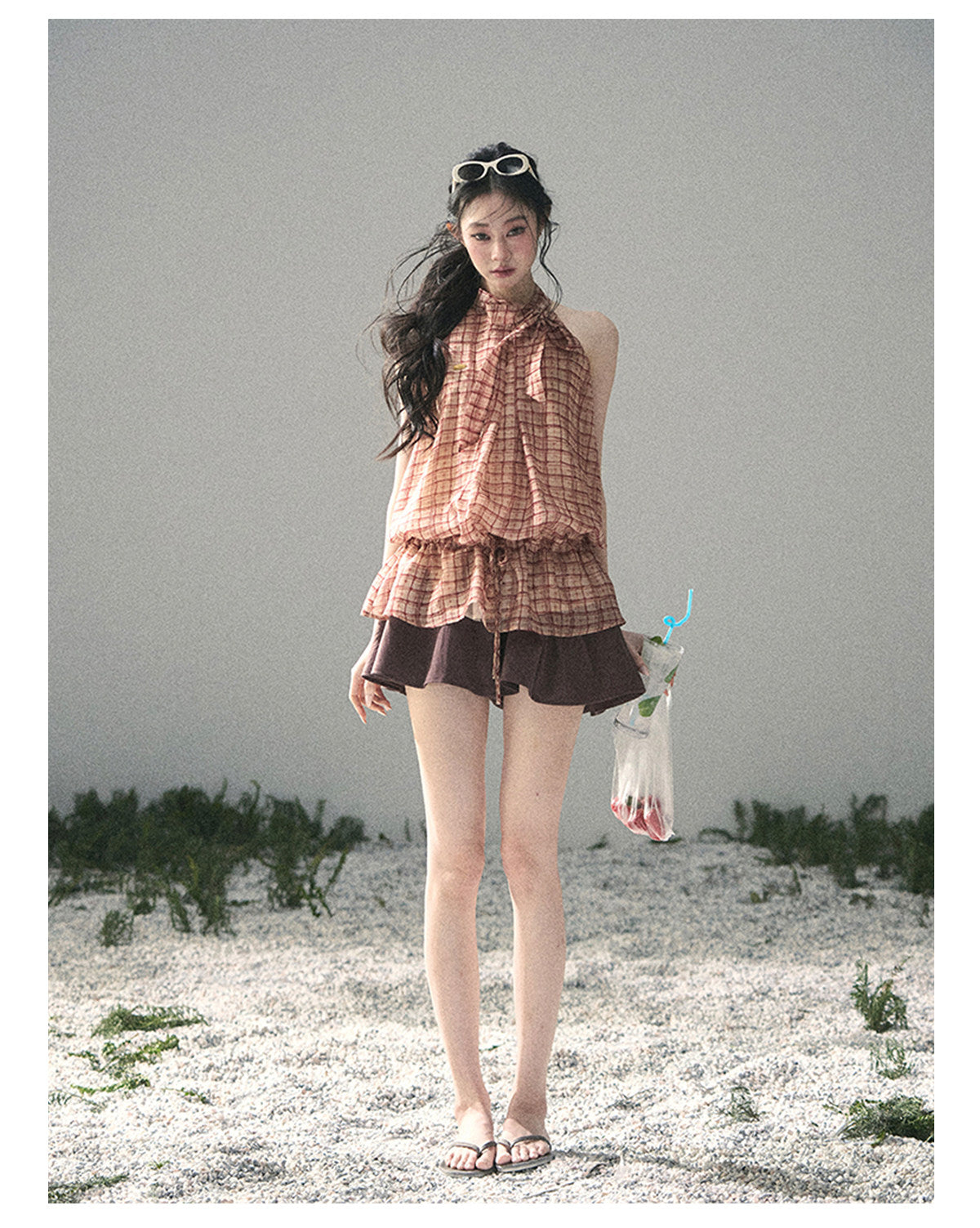 ShaoYeYan Aomalm Maple Red Whisper French Plaid Halter Top