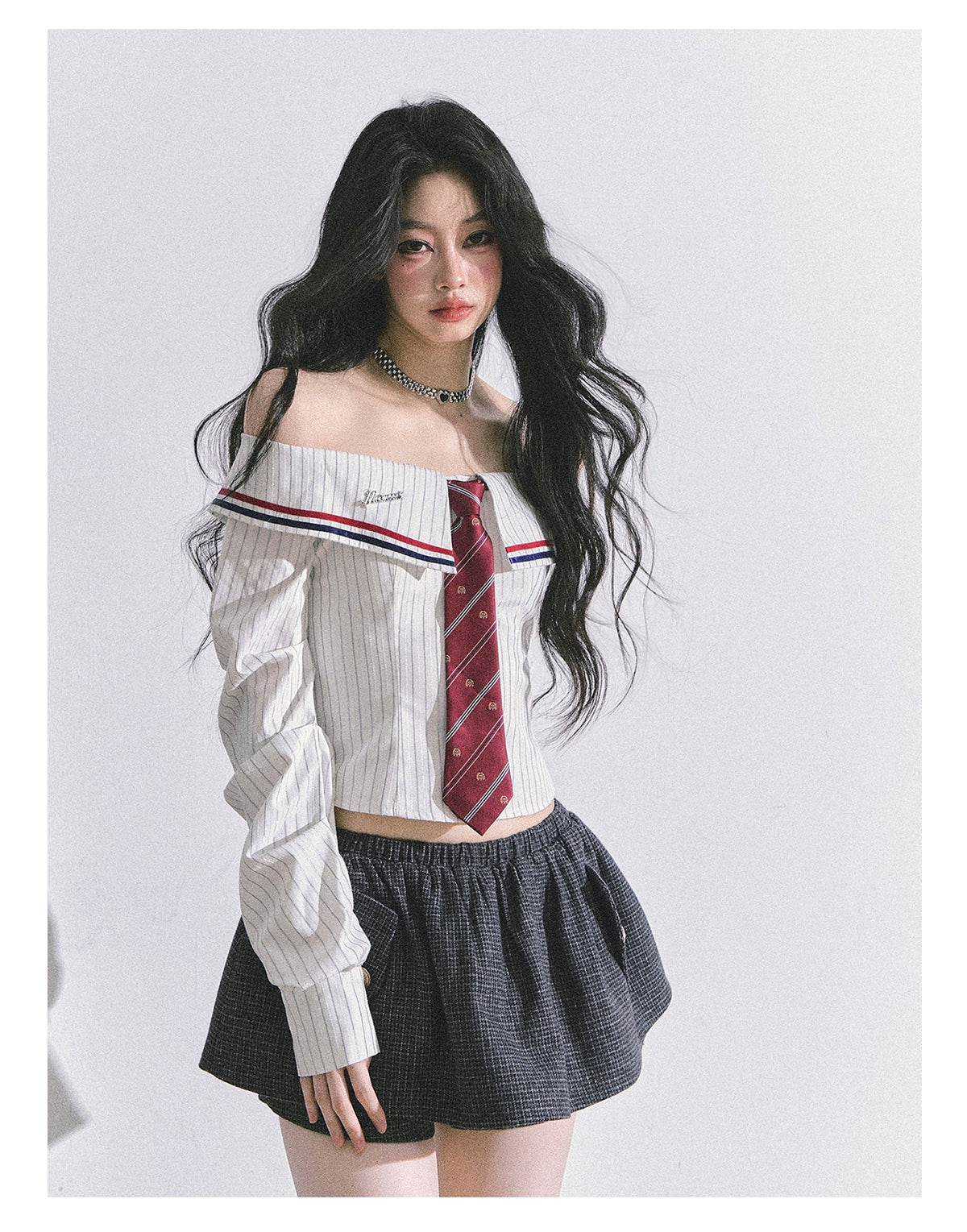 ShaoYeYan Seoul Art Student Off-Shoulder Striped Shirt