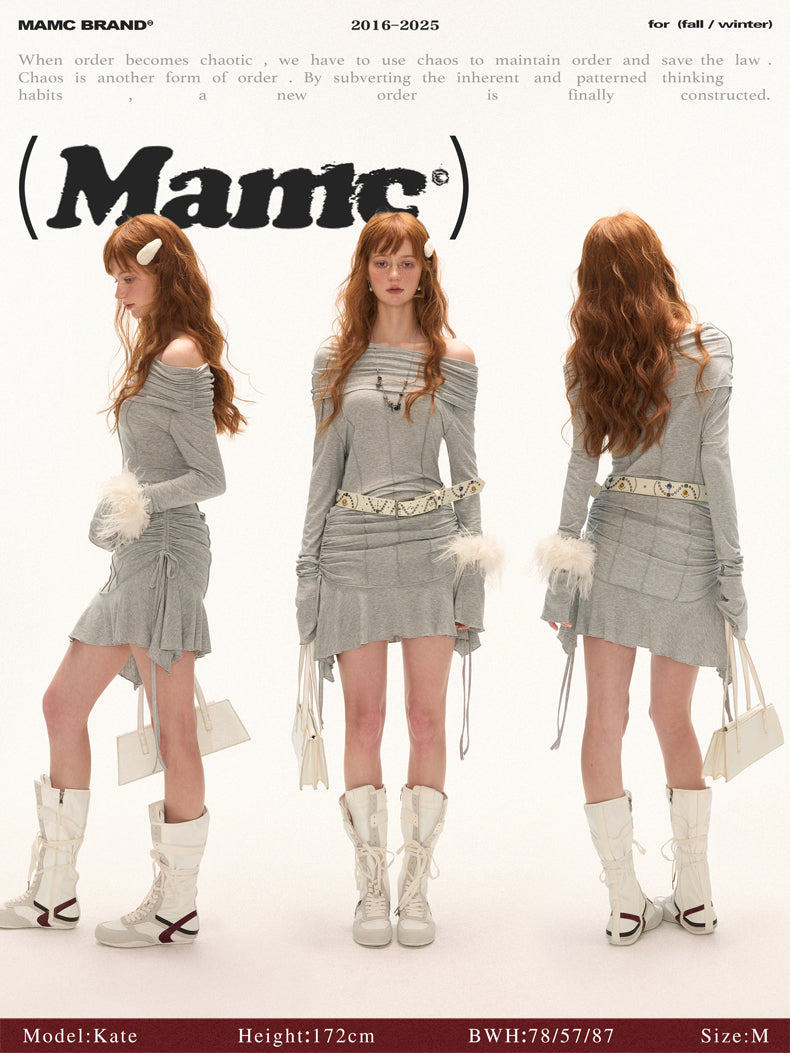 MAMC Asymmetric Shoulder Ruffle Dress