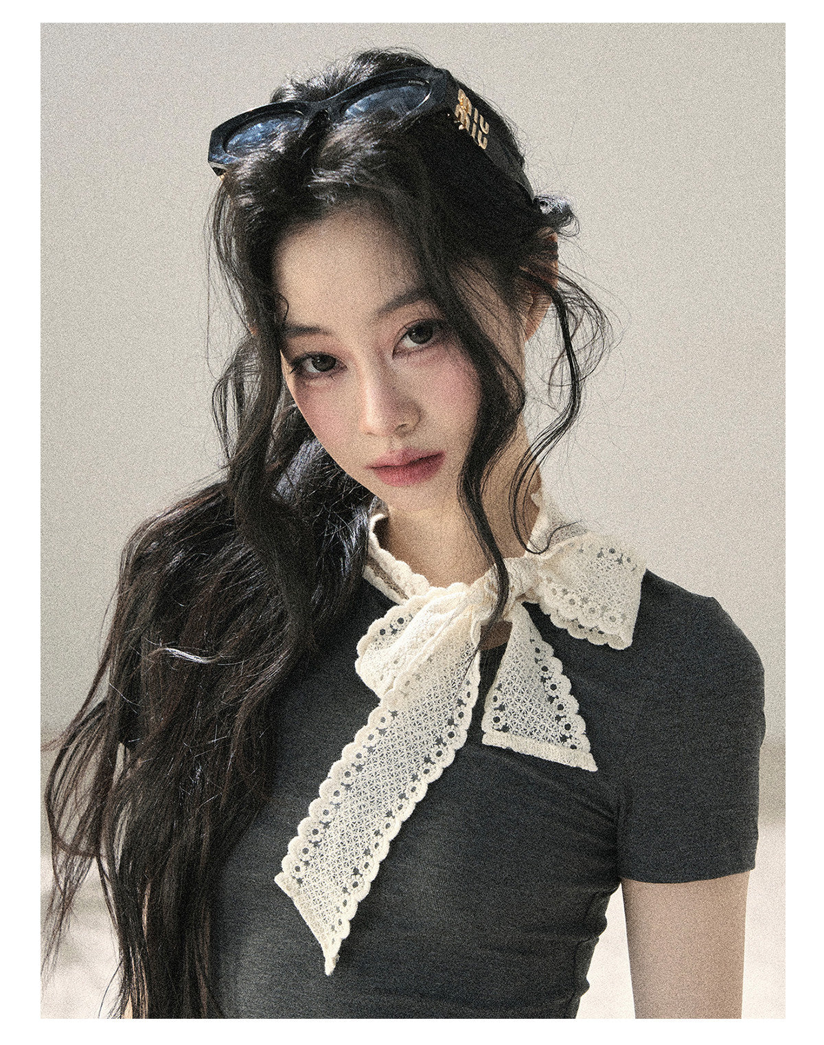 ShaoYeYan Aomalm Grey Shadow & White Fluff Korean Bow Crop Top