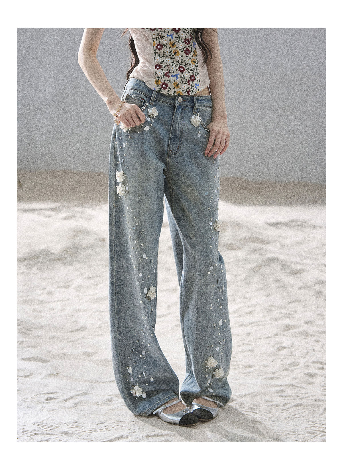 ShaoYeYan Aomalm Gentle Star Path Hand-Embellished Floral Jeans