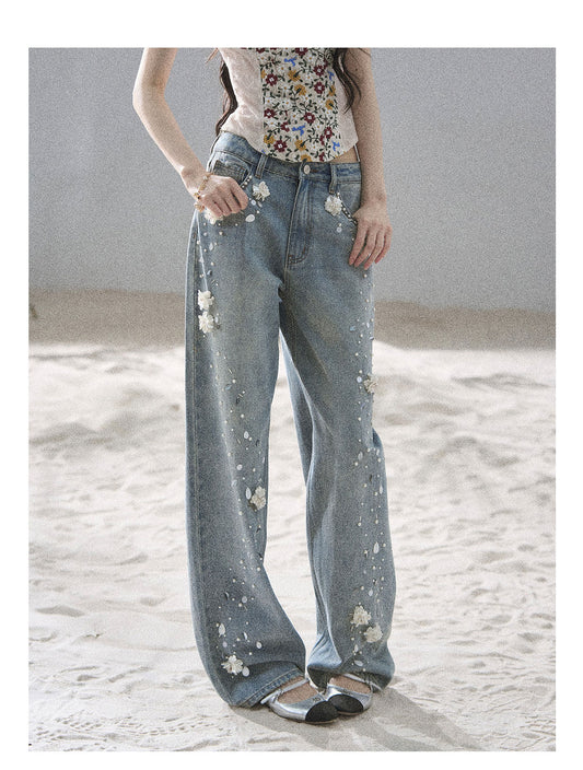 ShaoYeYan Aomalm Gentle Star Path Hand-Embellished Floral Jeans