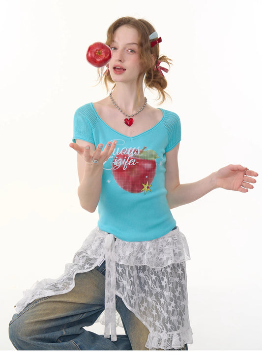 ziziFei Retro Apple Print V-Neck Tee