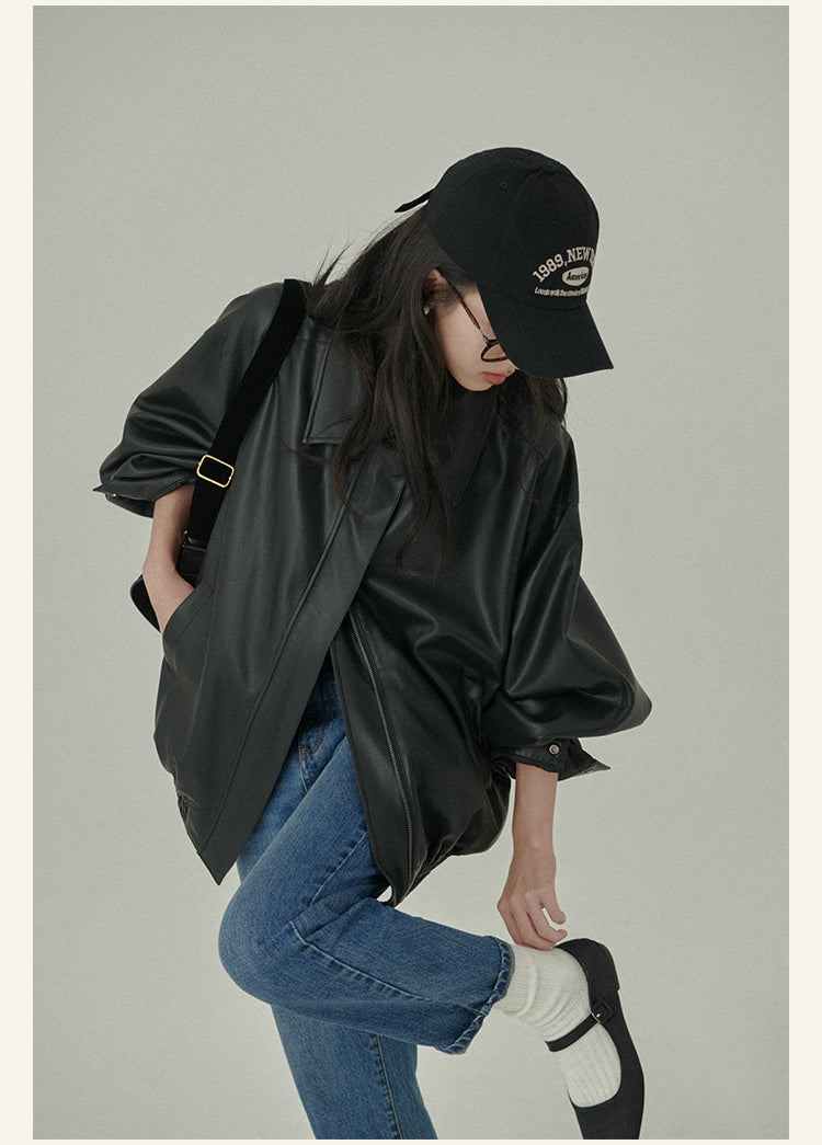 HAVERICE Classic Soft Leather Zip-Up Coat