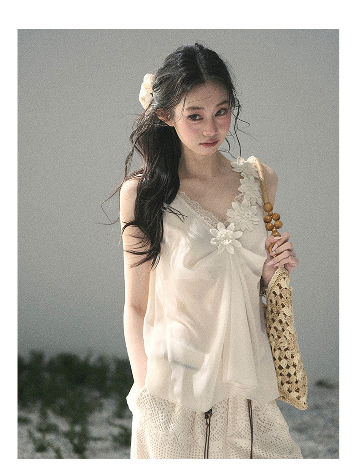 ShaoYeYan Aomalm Mute Rose French 3D Floral Sheer Lace Top