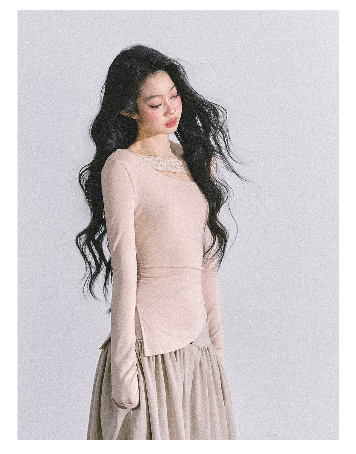 ShaoYeYan Tiny Waist Basic Long Sleeve Off-Shoulder Lace Top