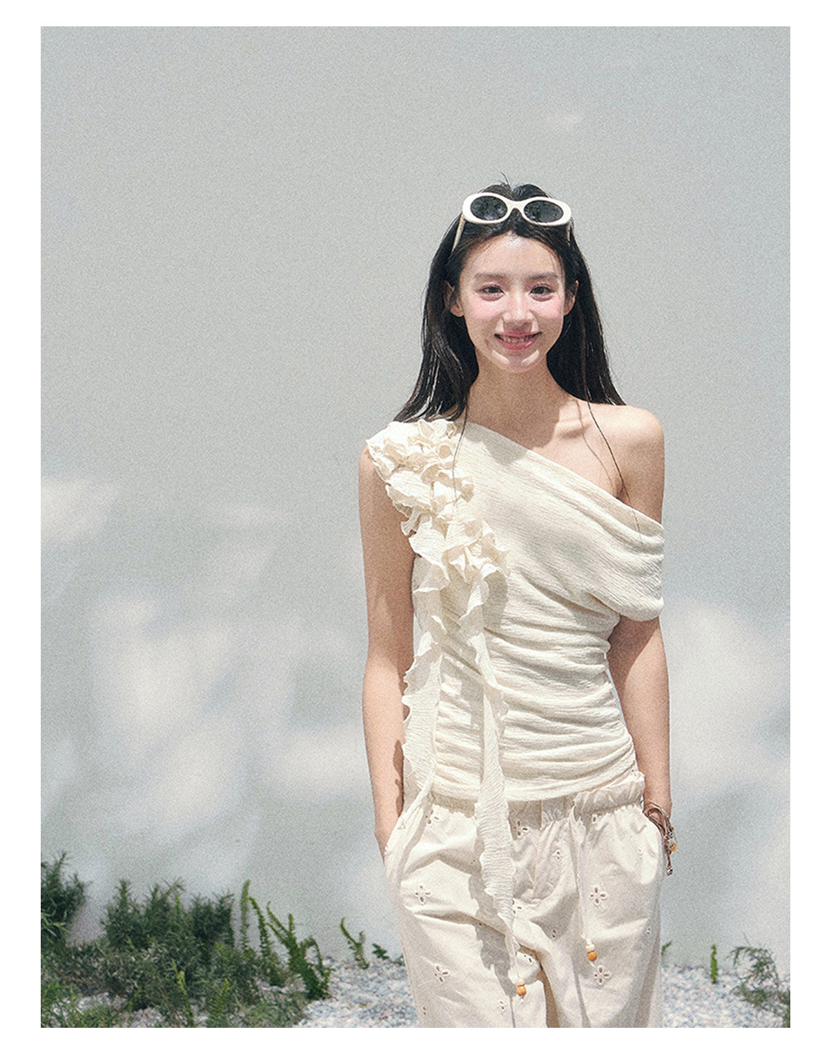 ShaoYeYan Aomalm Pale Whisper French Ruffle Off-Shoulder Tee
