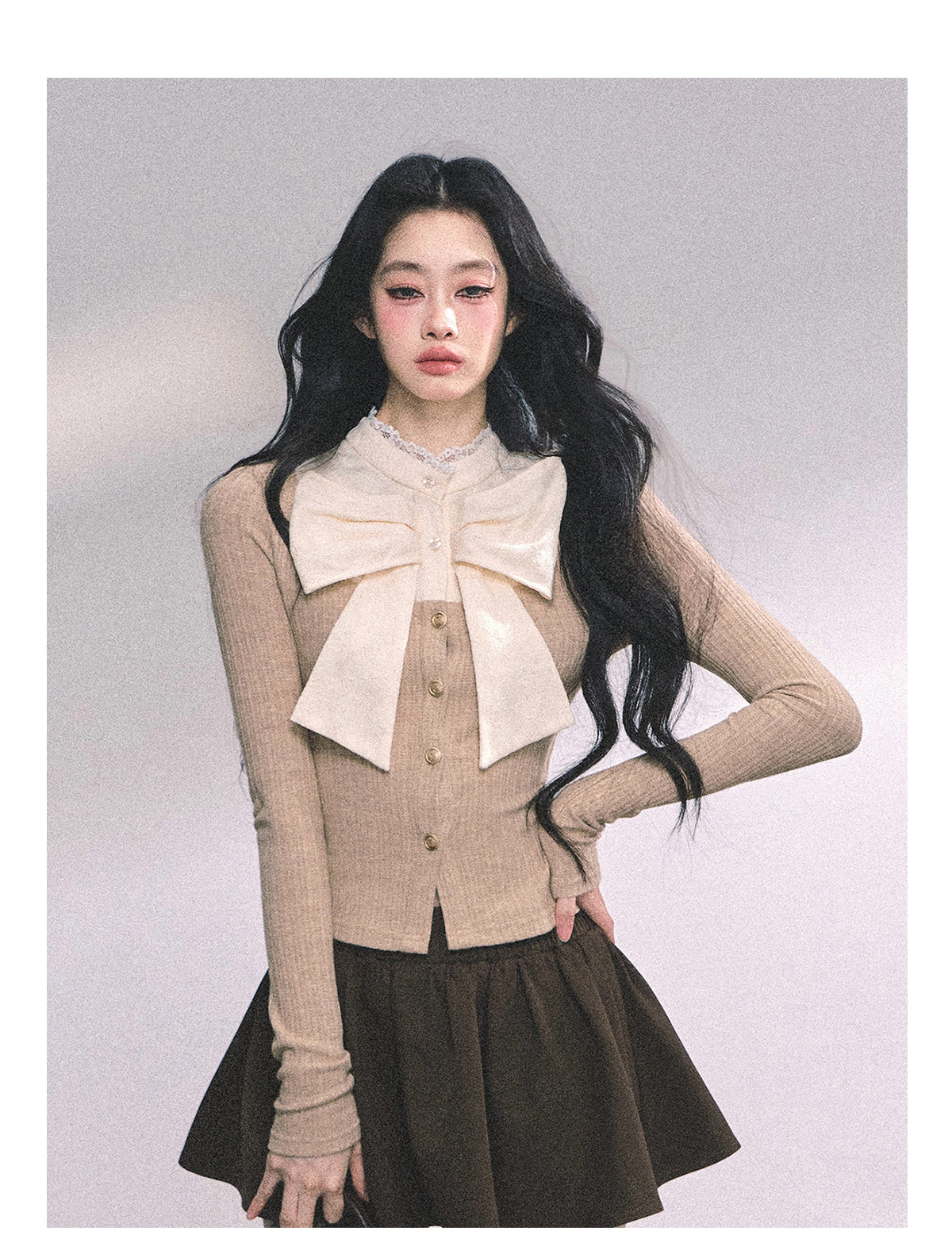 ShaoYeYan Chanson Crêpe Fake Two-Layer French Bow Lace T-Shirt