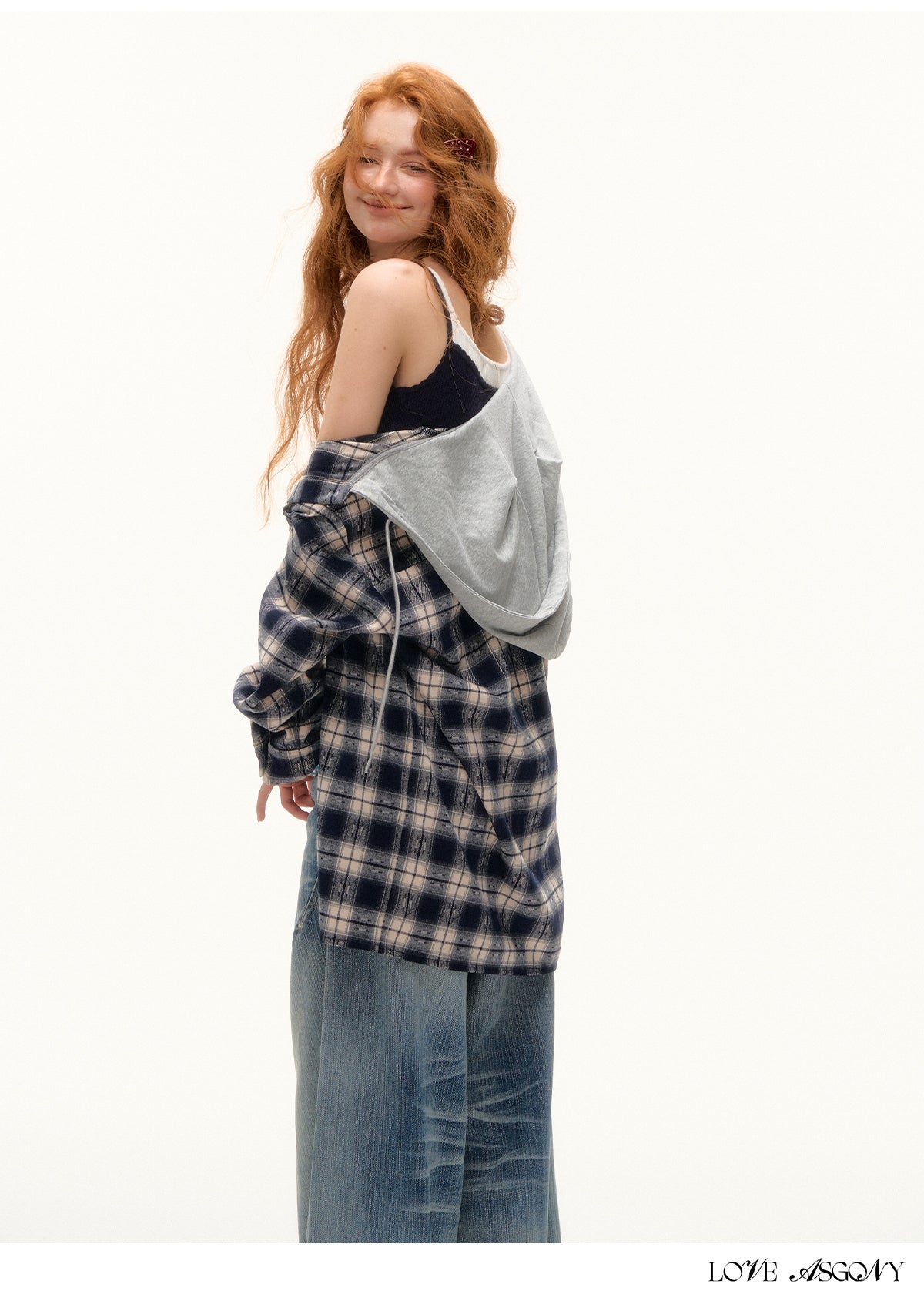 AsGony Retro Plaid Colorblock Hooded Shirt