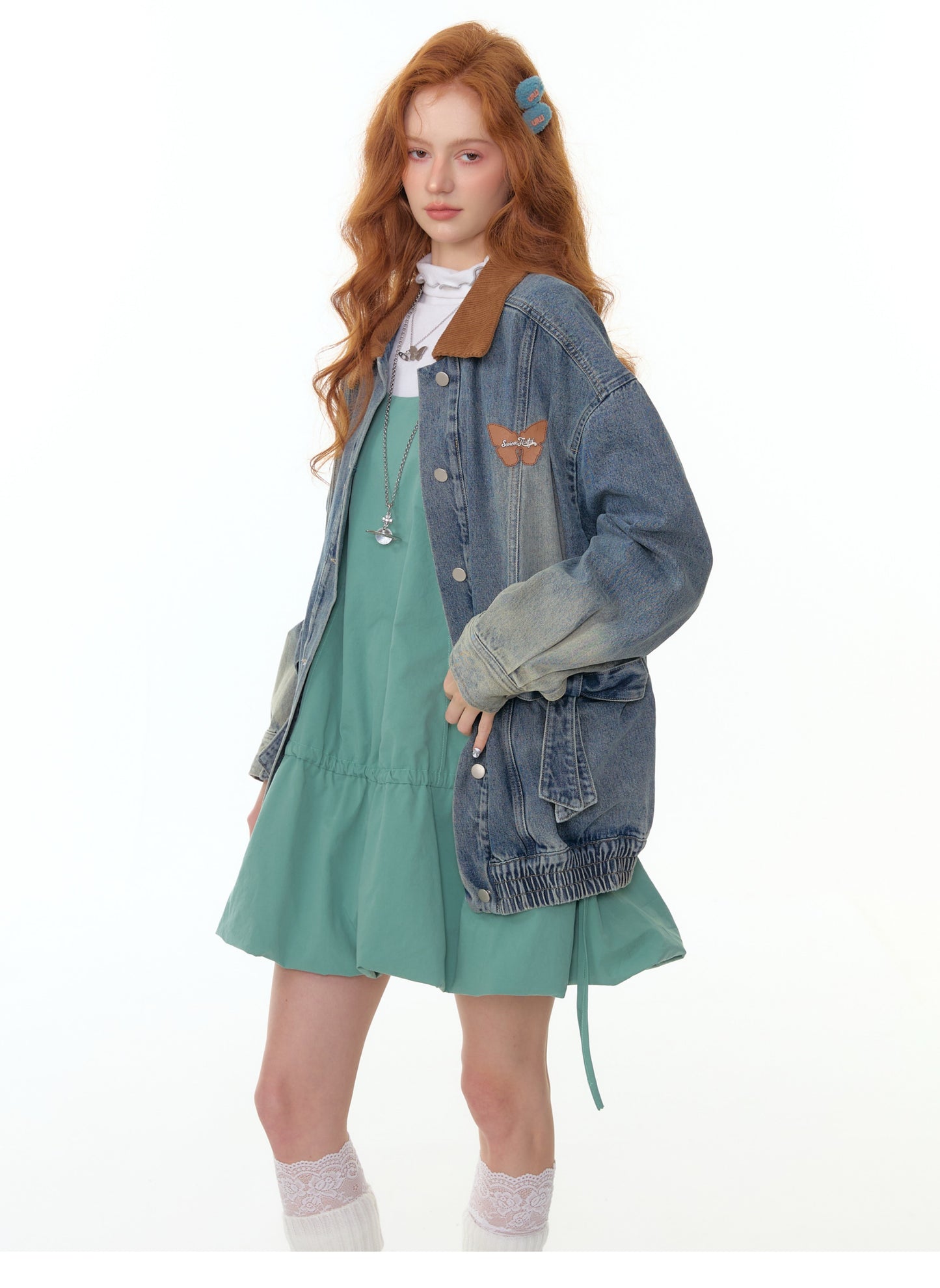 ZiziFei Corduroy-Collar Denim Jacket