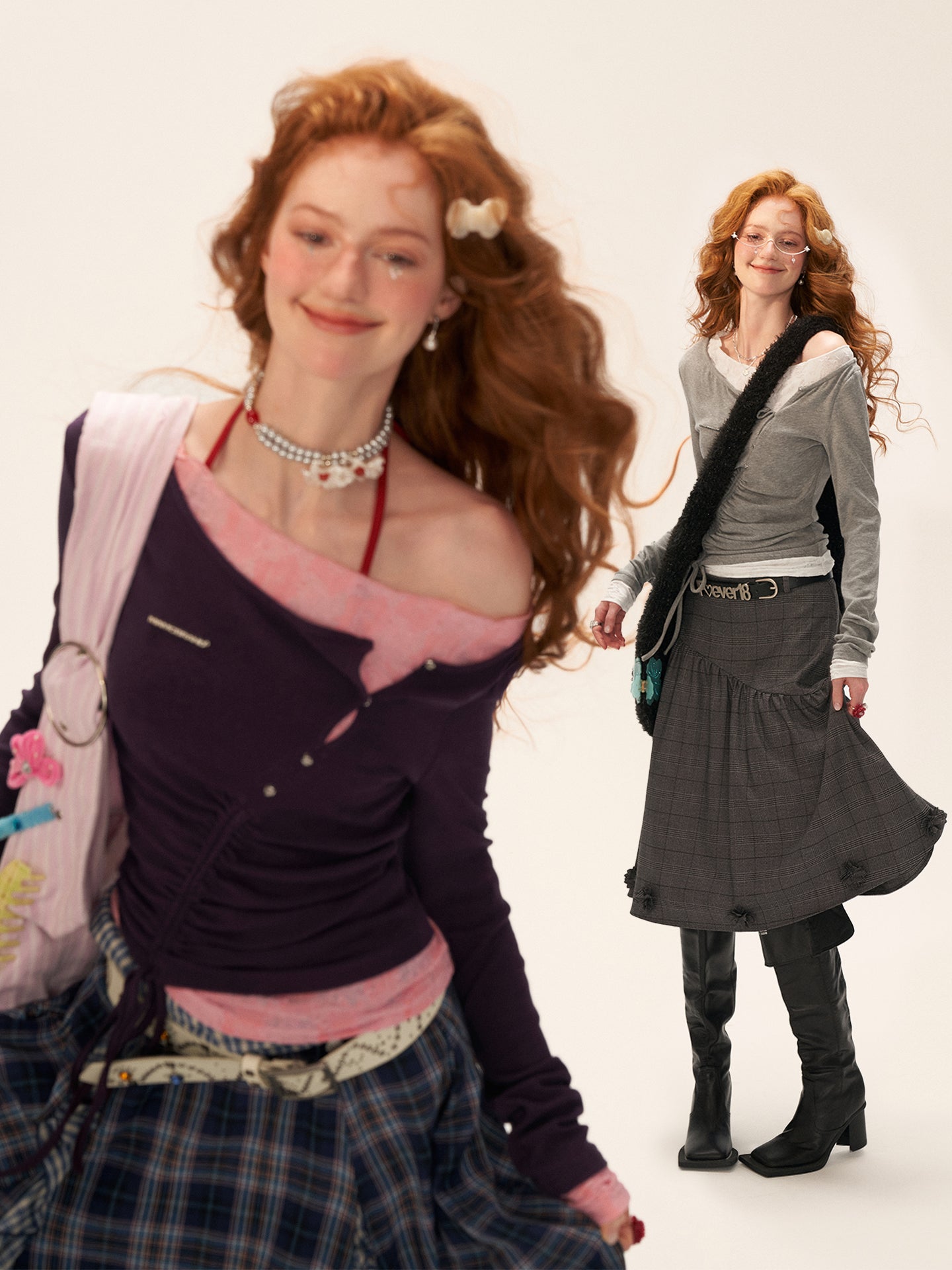 MAMC Off-Shoulder Lace Gather Long Sleeve T-Shirt