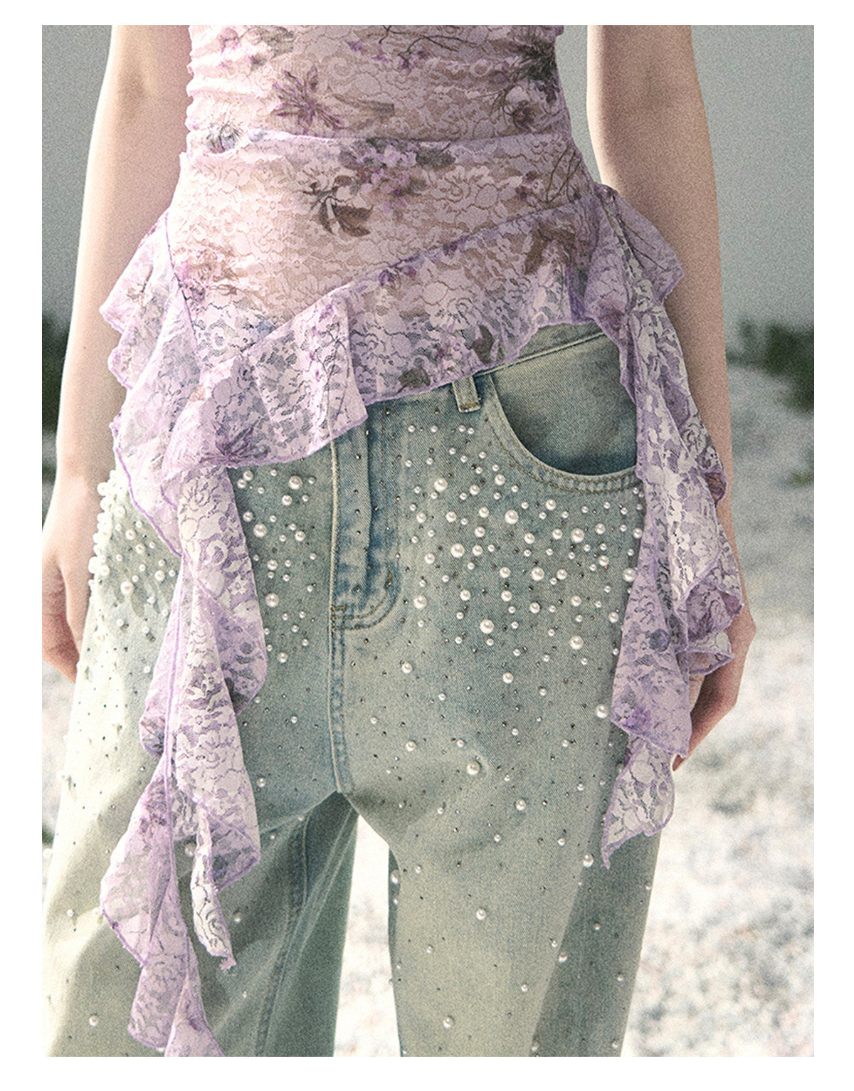 ShaoYeYan Aomalm Bauhinia Blooms Asymmetric Sheer Ribbon Top