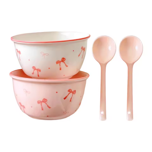 2pcs Pink Bow Ceramic Bowls With Spoons