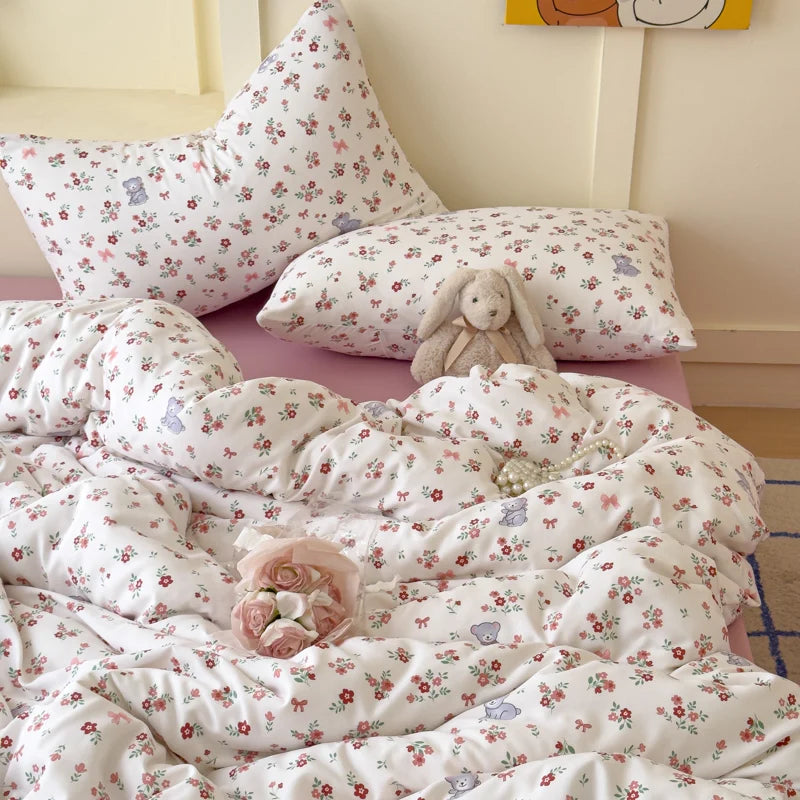 Cute Bear Floral Duvet Cover Bedding Set